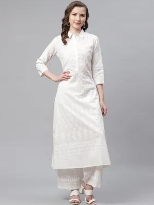 Jashvi White Khari Print Cotton Kurti With Palazzo Set