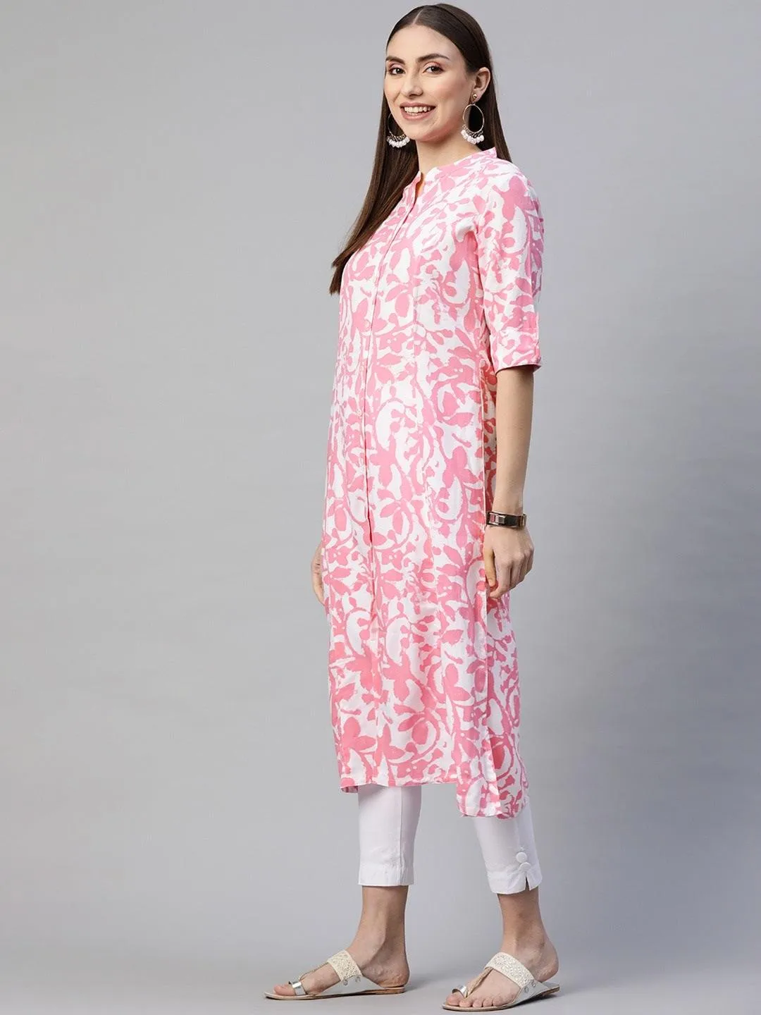 Jashvi White-Pink Cotton A-Line Kurta