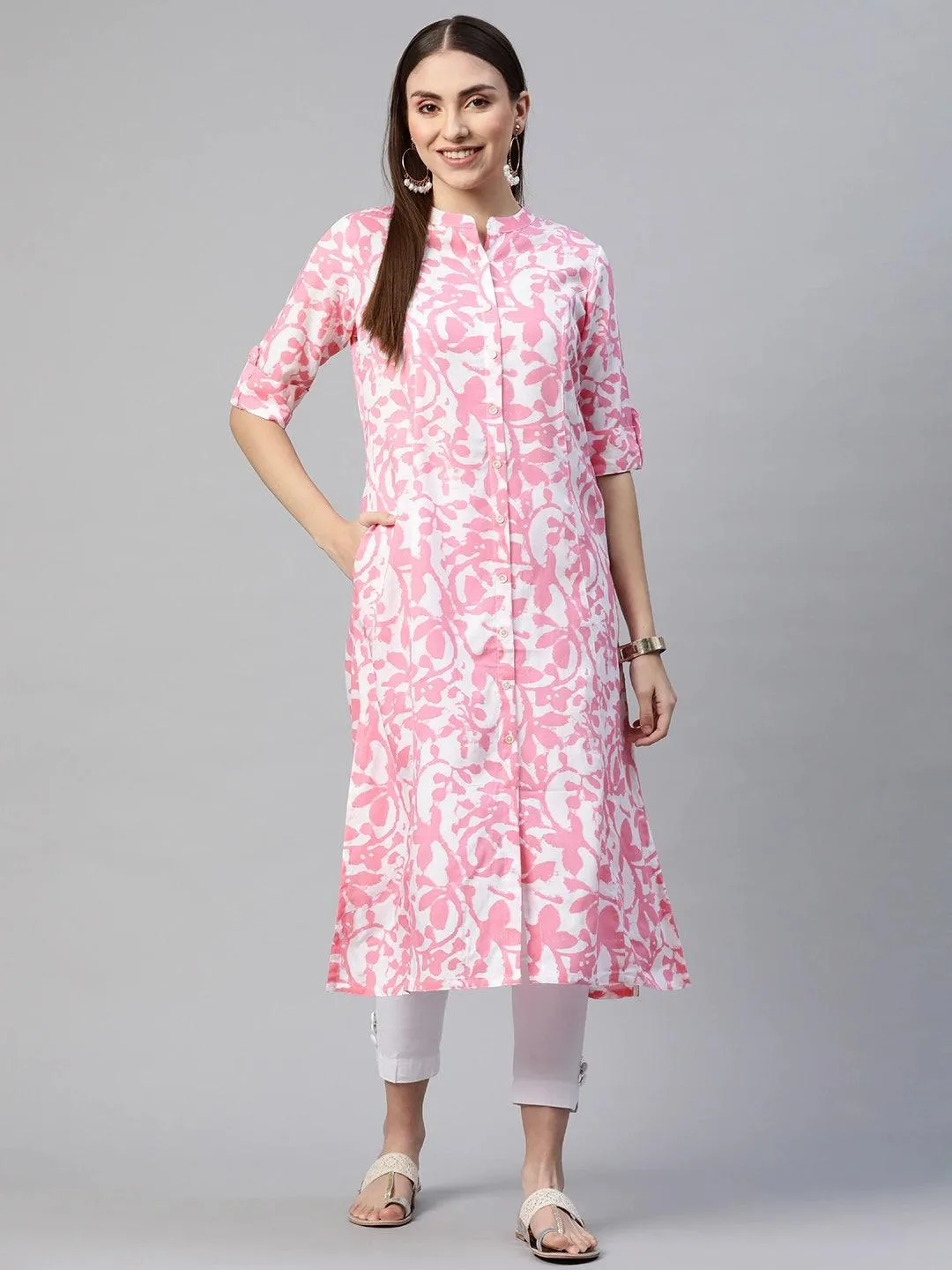 Jashvi White-Pink Cotton A-Line Kurta