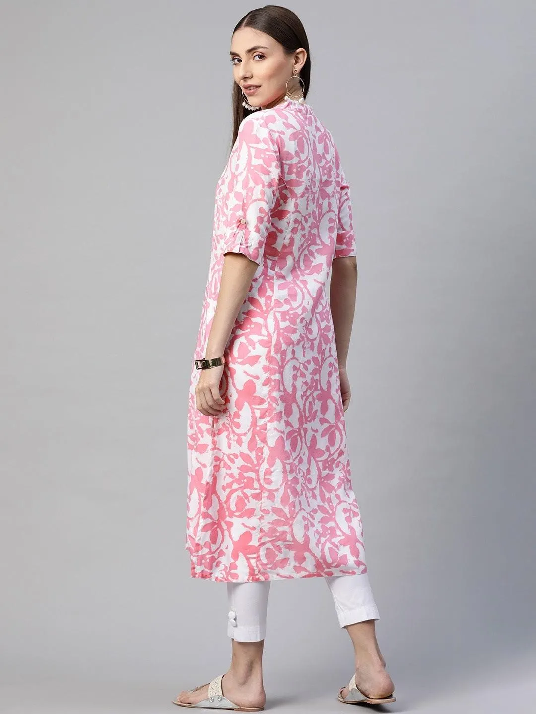 Jashvi White-Pink Cotton A-Line Kurta