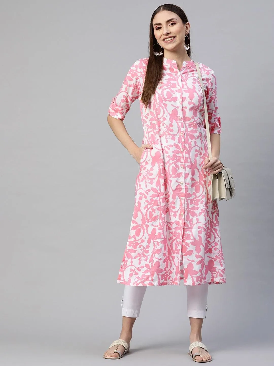 Jashvi White-Pink Cotton A-Line Kurta