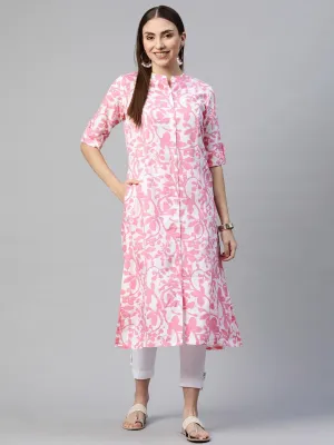 Jashvi White-Pink Cotton A-Line Kurta