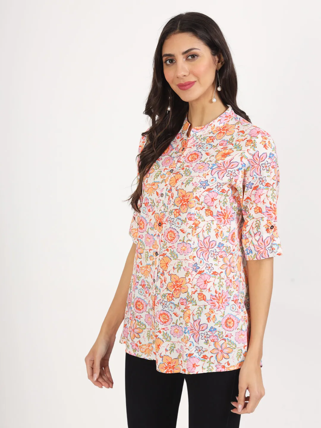 Jashvi White Pink Floral Printed Rayon Top