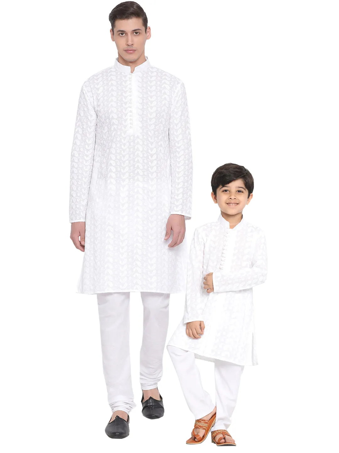 Jashvi White Pure Cotton Chikankari Kurta Pyjama Baap Beta Set