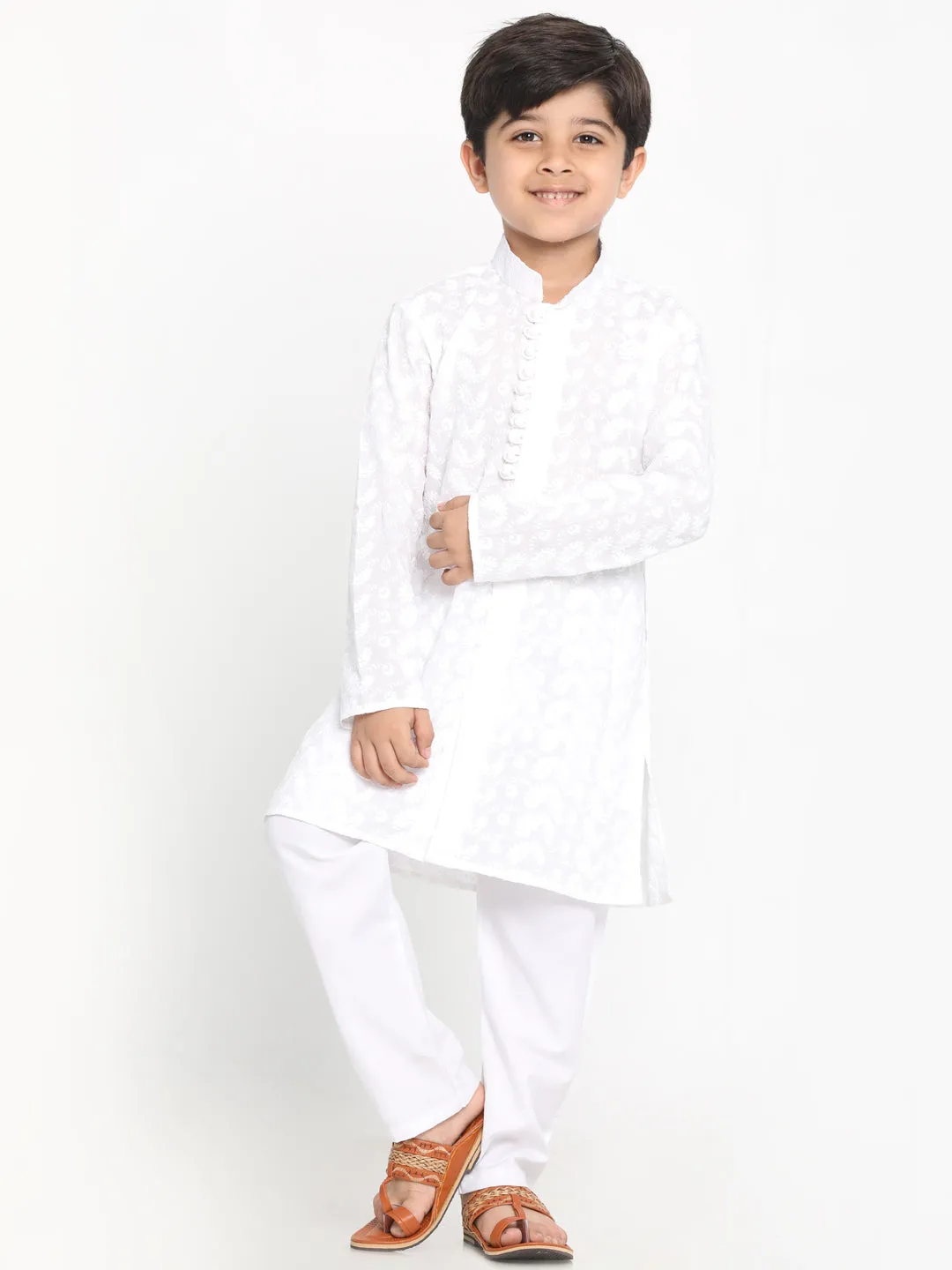 Jashvi White Pure Cotton Chikankari Kurta Pyjama Baap Beta Set