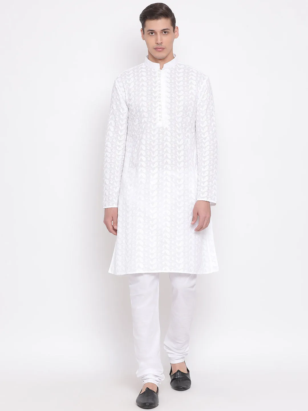 Jashvi White Pure Cotton Chikankari Kurta Pyjama Baap Beta Set