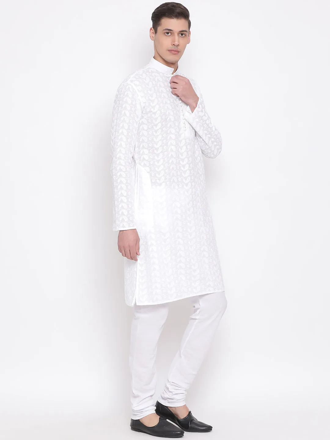 Jashvi White Pure Cotton Chikankari Kurta Pyjama Baap Beta Set