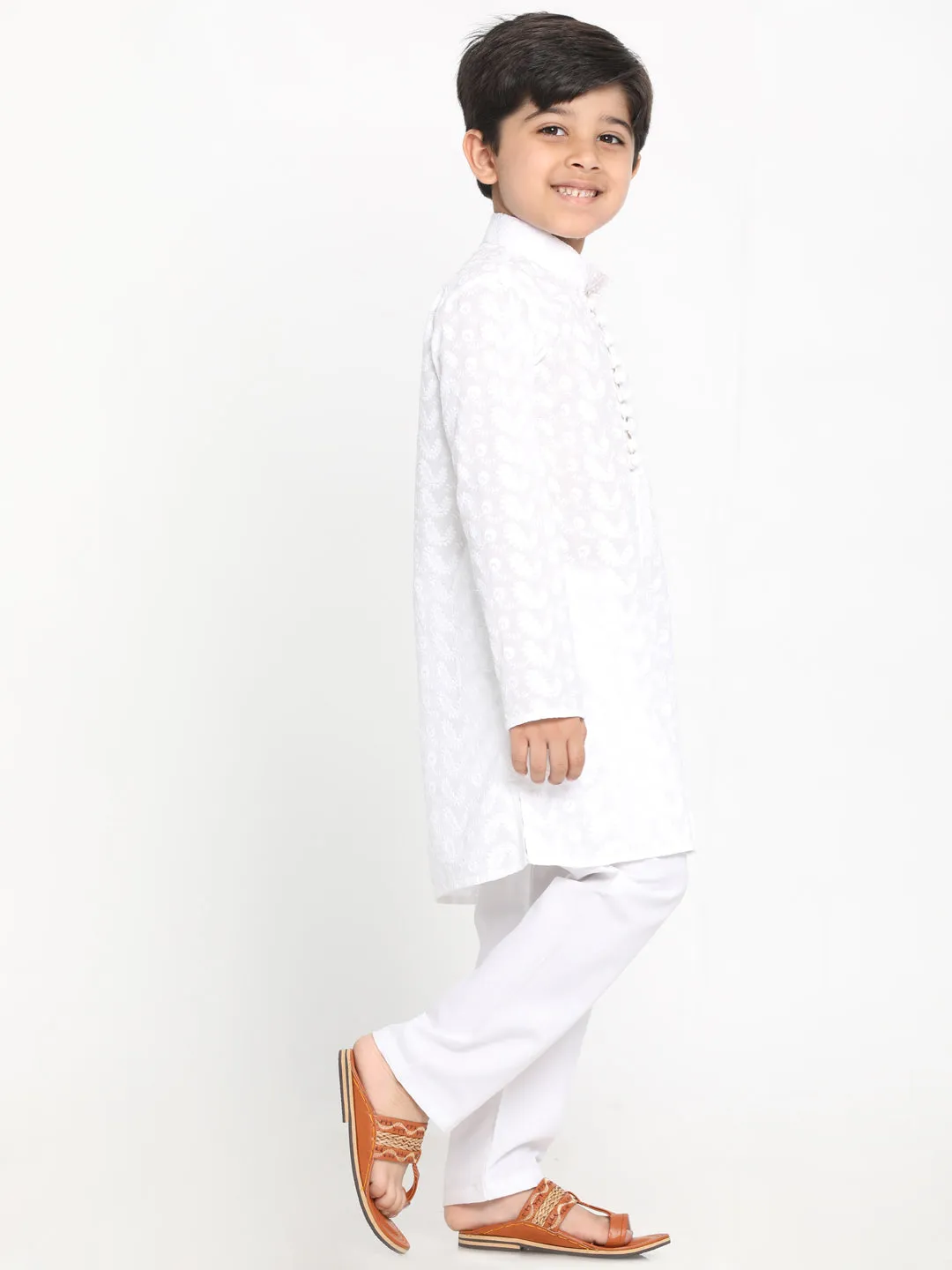 Jashvi White Pure Cotton Chikankari Kurta Pyjama Baap Beta Set