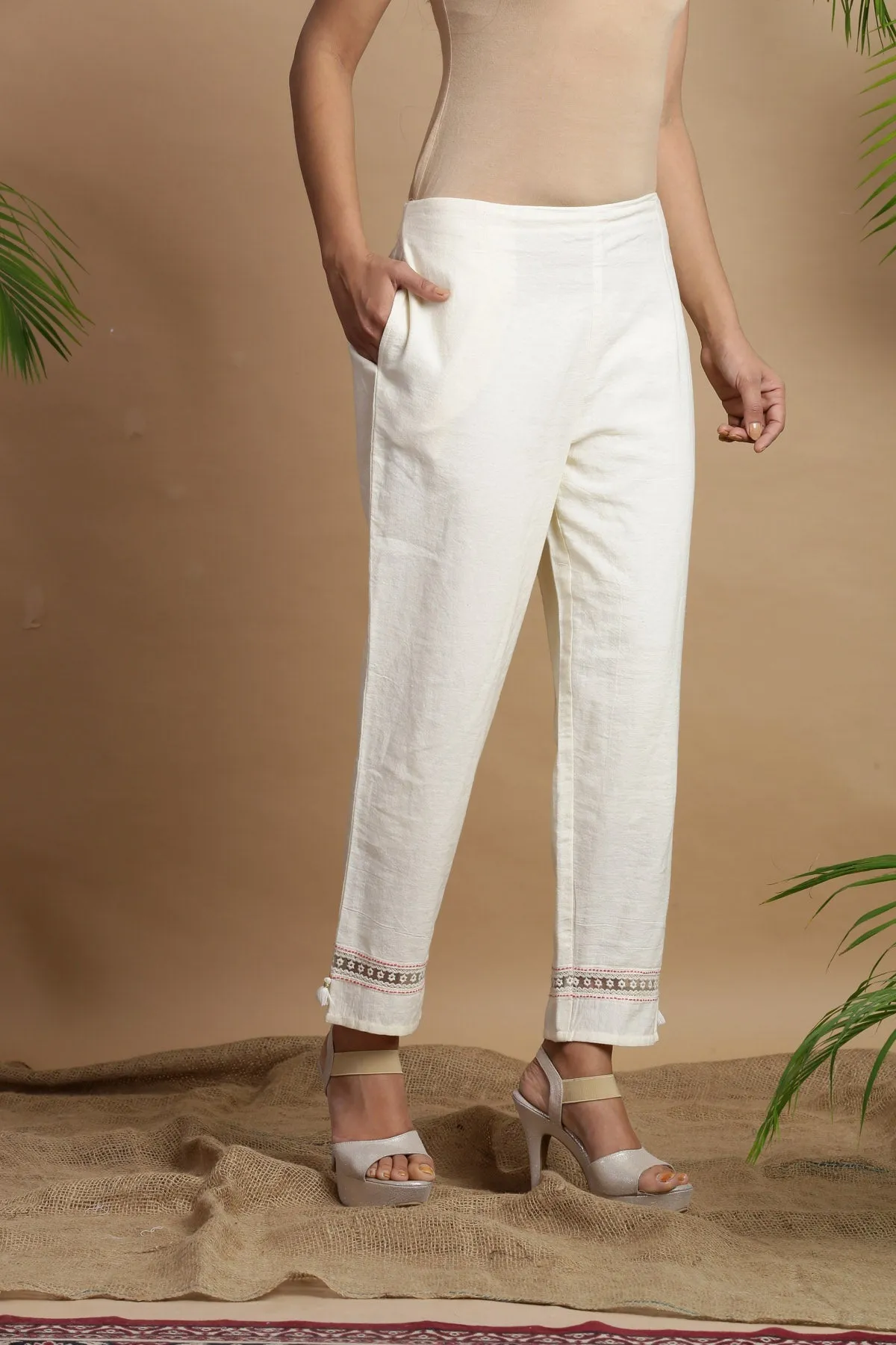 Jashvi White Rayon Flex Solid Slim Fit Cigarette Women Pants With One Pocket With Self Design