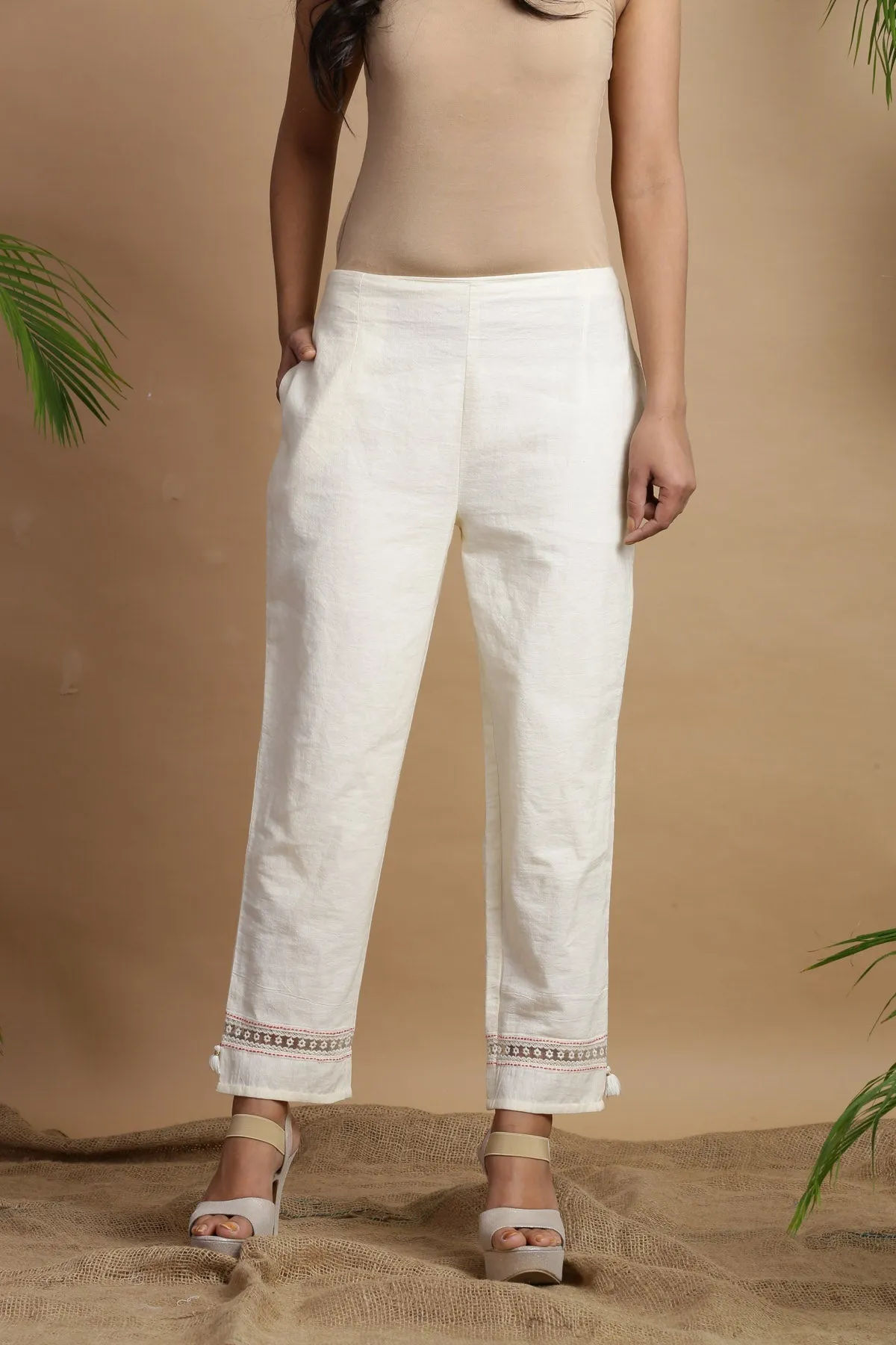 Jashvi White Rayon Flex Solid Slim Fit Cigarette Women Pants With One Pocket With Self Design