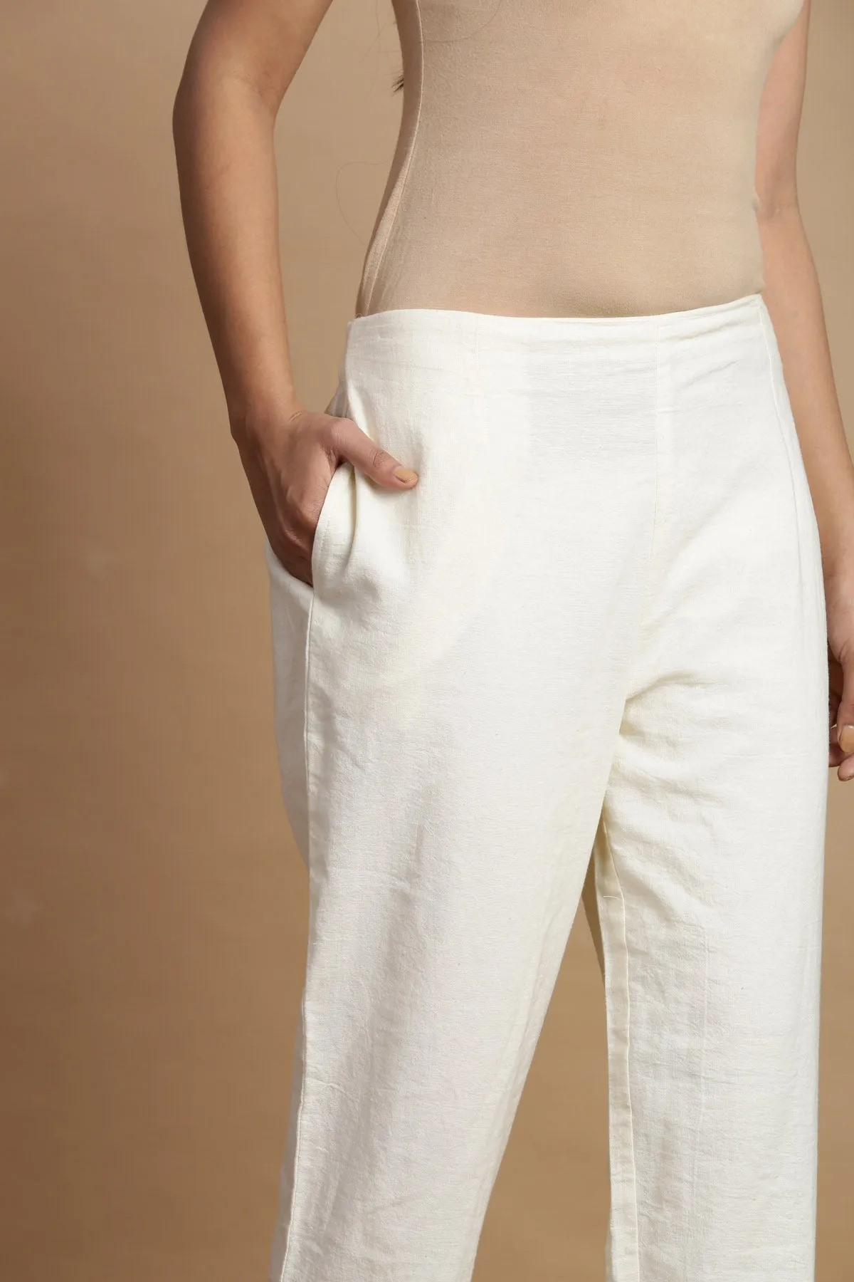 Jashvi White Rayon Flex Solid Slim Fit Cigarette Women Pants With One Pocket With Self Design