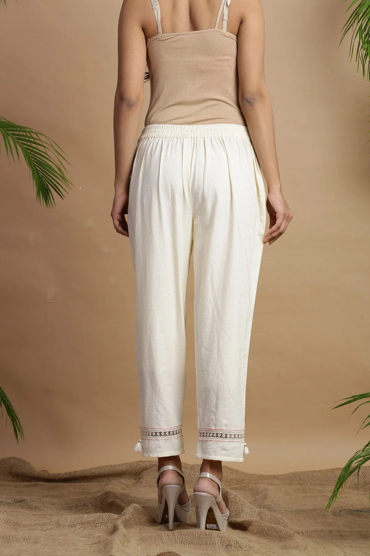 Jashvi White Rayon Flex Solid Slim Fit Cigarette Women Pants With One Pocket With Self Design