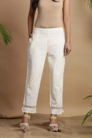 Jashvi White Rayon Flex Solid Slim Fit Cigarette Women Pants With One Pocket With Self Design