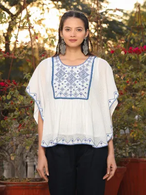 Jashvi White Viscose Dobby Kaftan Tunic With Blue Thread Embroidery