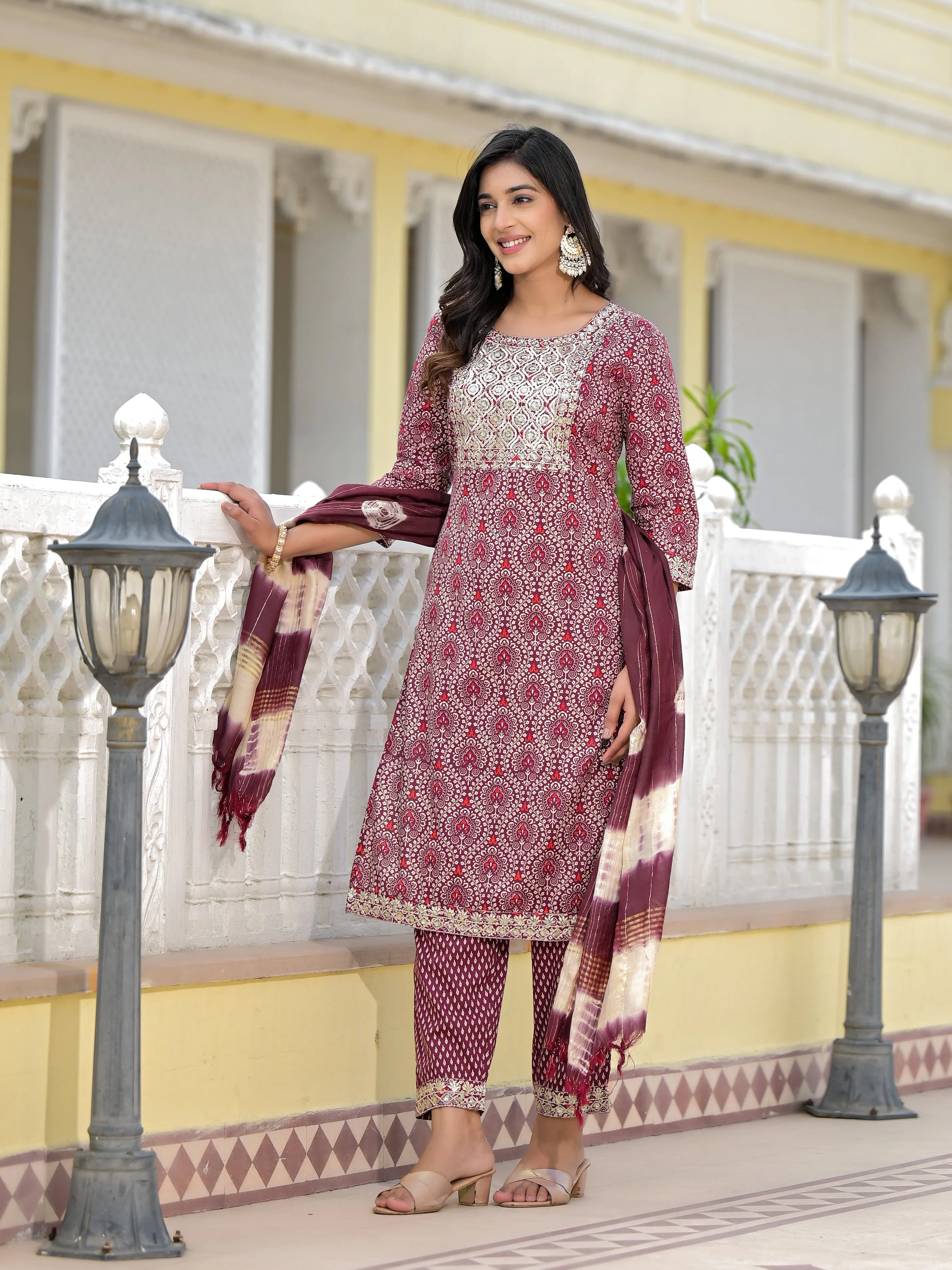 Jashvi Wine Ethnic Motif Printed Cotton Kurta, Pant And Dupatta Set With Zari Work & Sequins