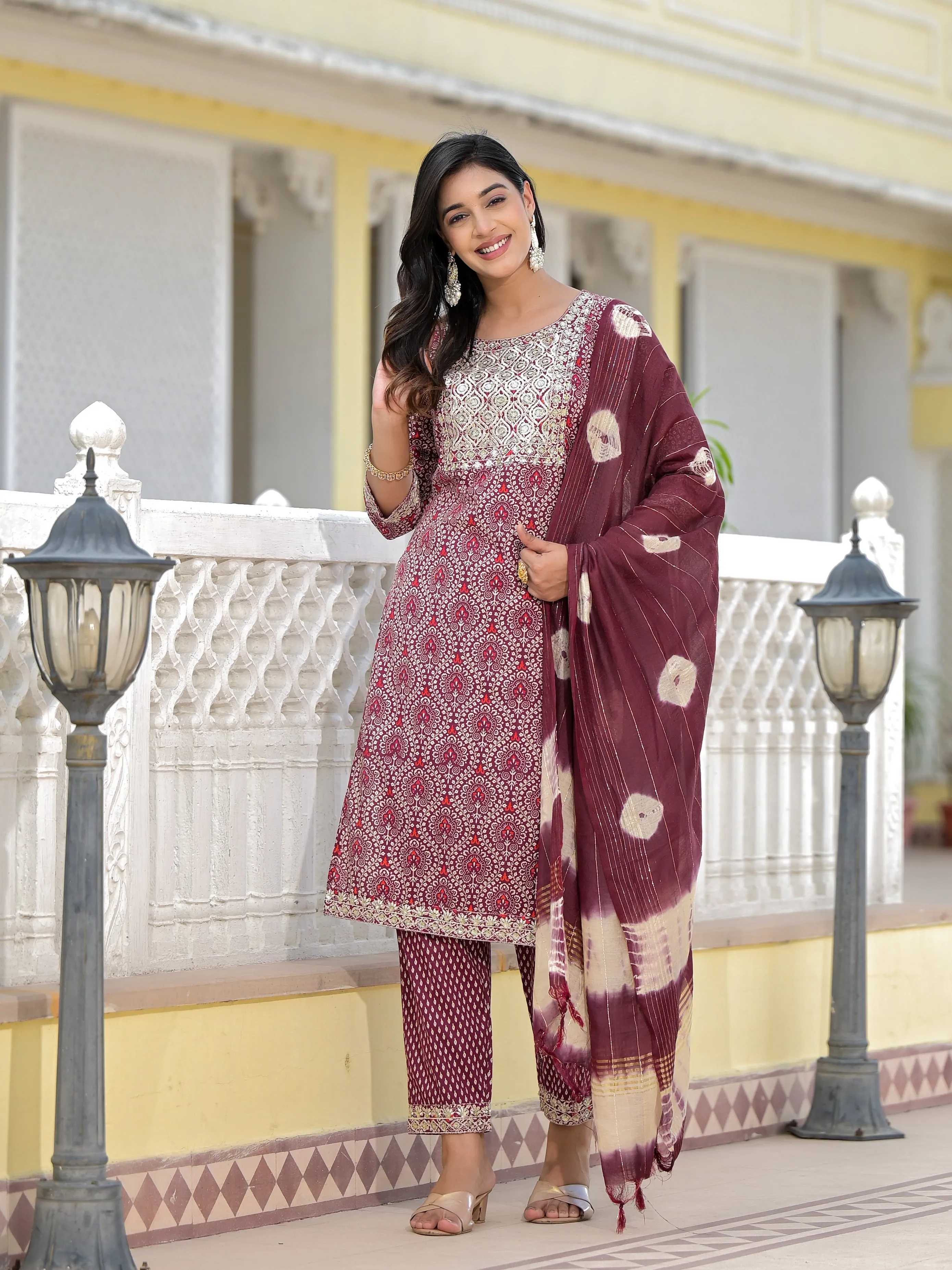 Jashvi Wine Ethnic Motif Printed Cotton Kurta, Pant And Dupatta Set With Zari Work & Sequins