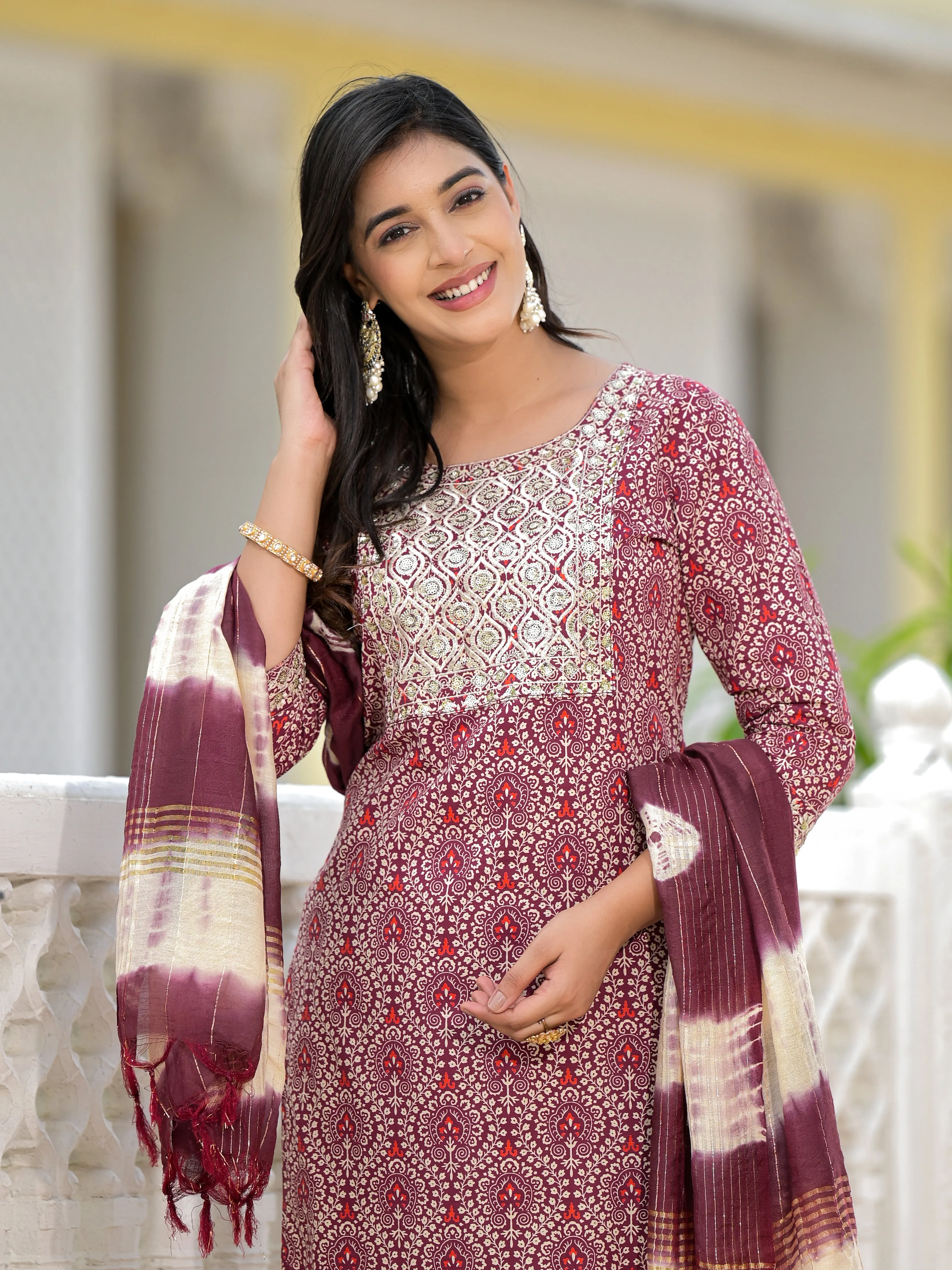 Jashvi Wine Ethnic Motif Printed Cotton Kurta, Pant And Dupatta Set With Zari Work & Sequins