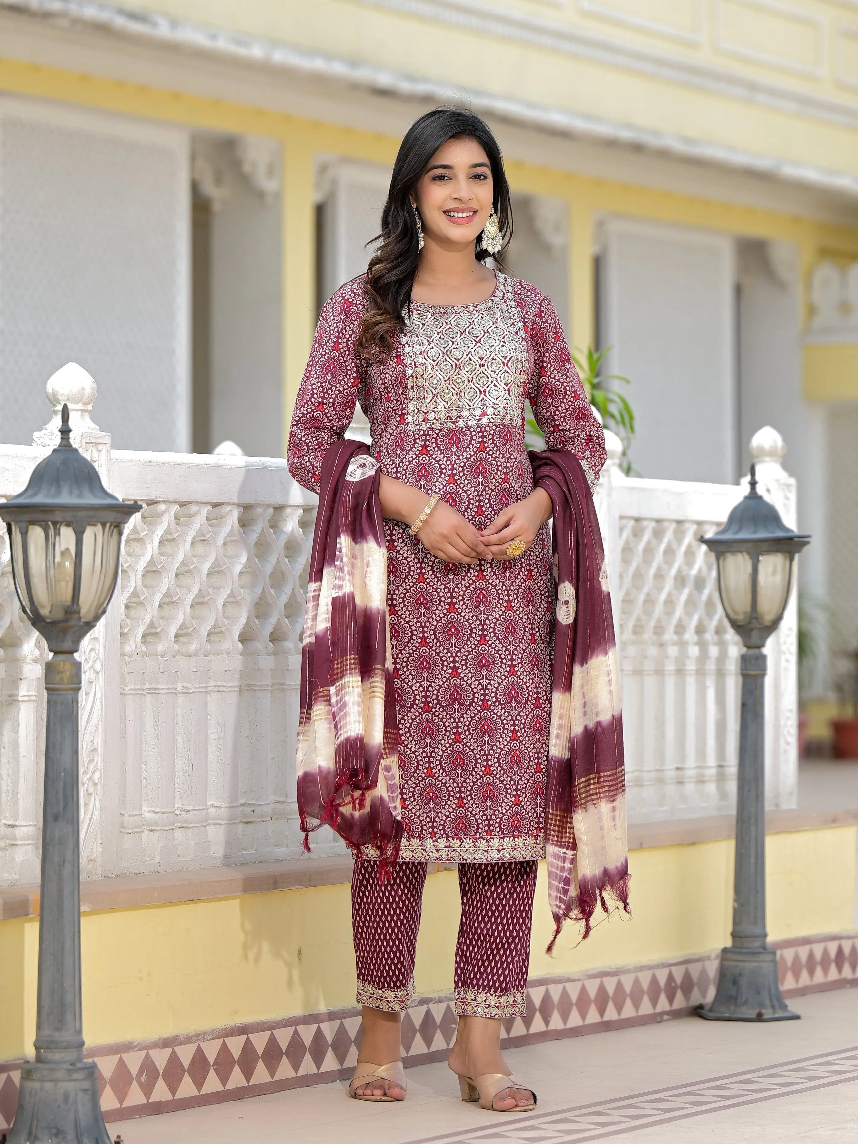 Jashvi Wine Ethnic Motif Printed Cotton Kurta, Pant And Dupatta Set With Zari Work & Sequins