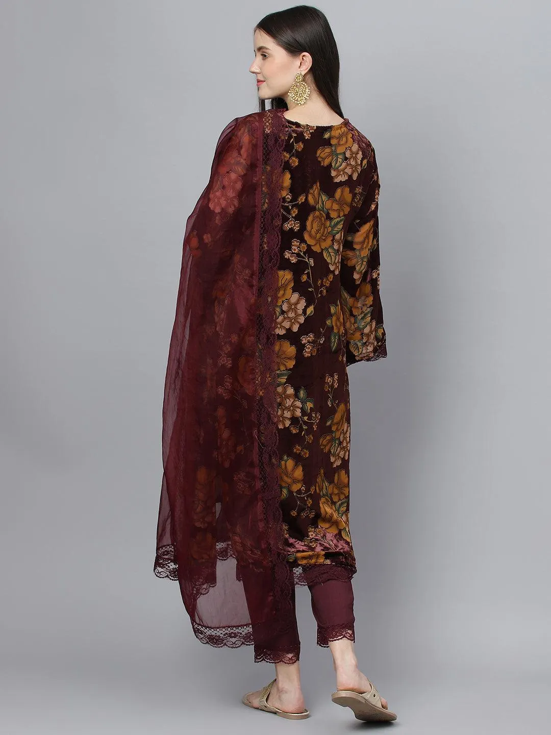 Jashvi Wine Floral Burn Out Velvet Kurta pant With Organza Dupatta set