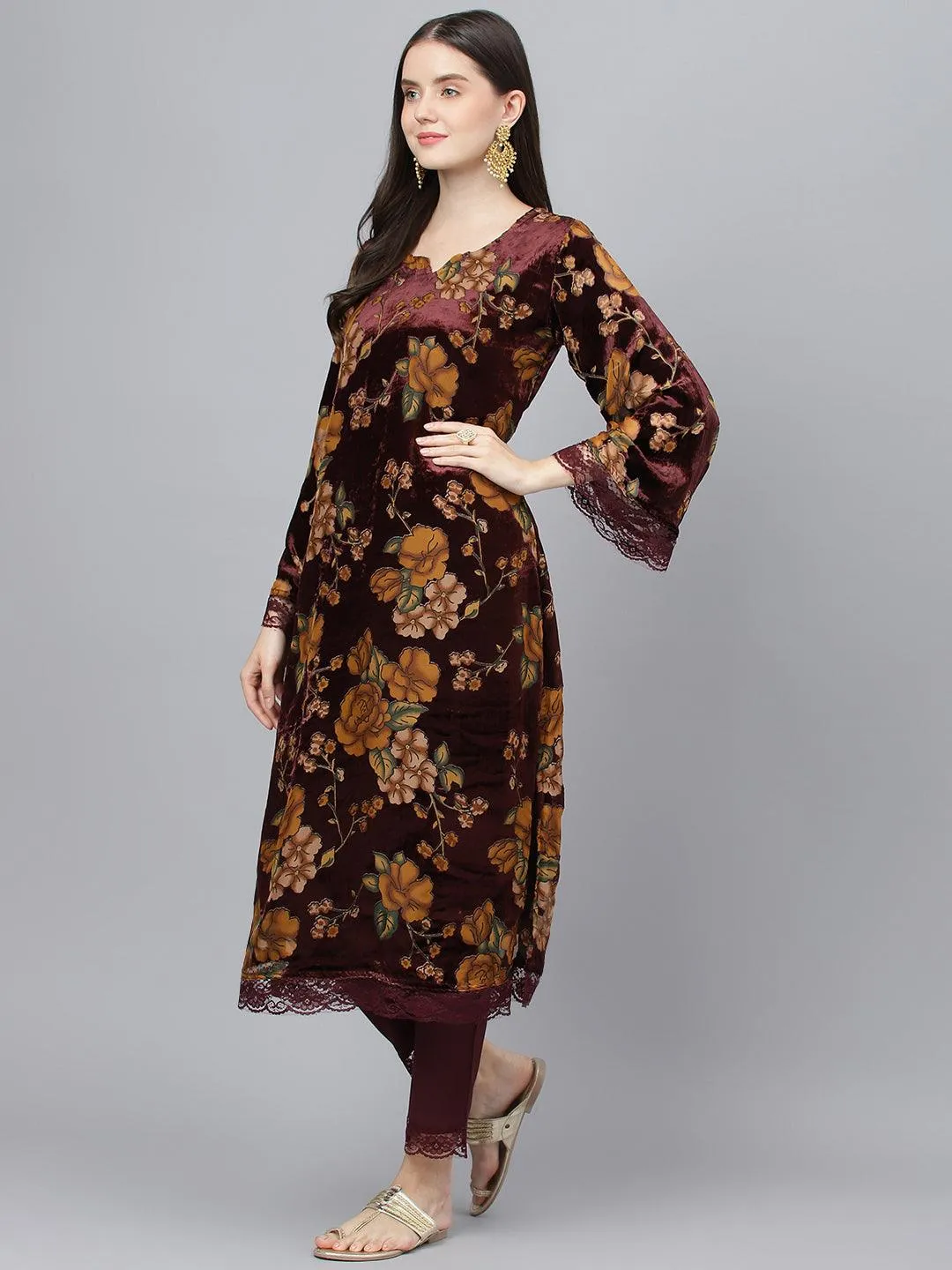 Jashvi Wine Floral Burn Out Velvet Kurta pant With Organza Dupatta set