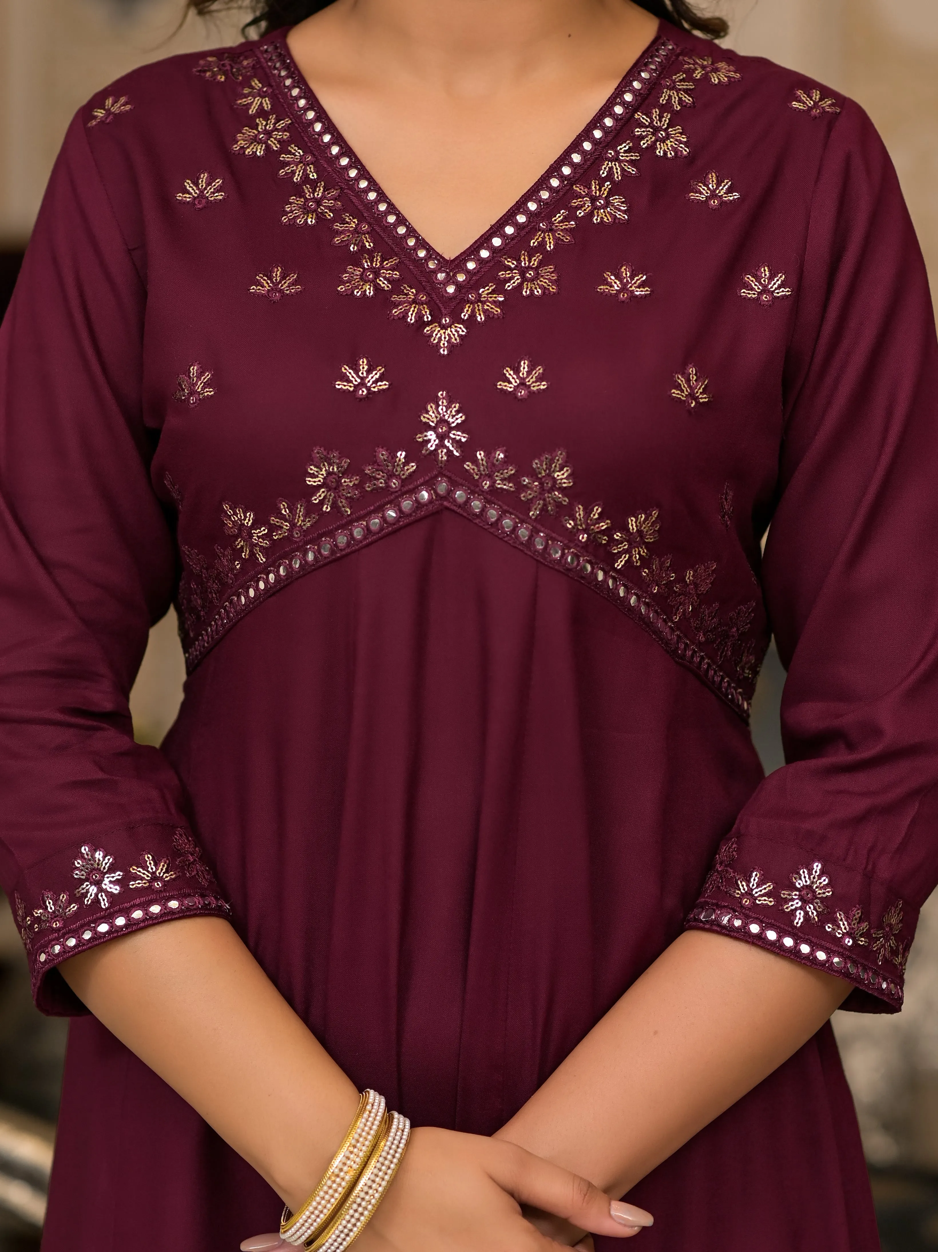 Jashvi Wine Mirror Embroidered Rayon Dress For Women With Sequins