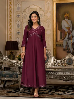 Jashvi Wine Mirror Embroidered Rayon Dress For Women With Sequins