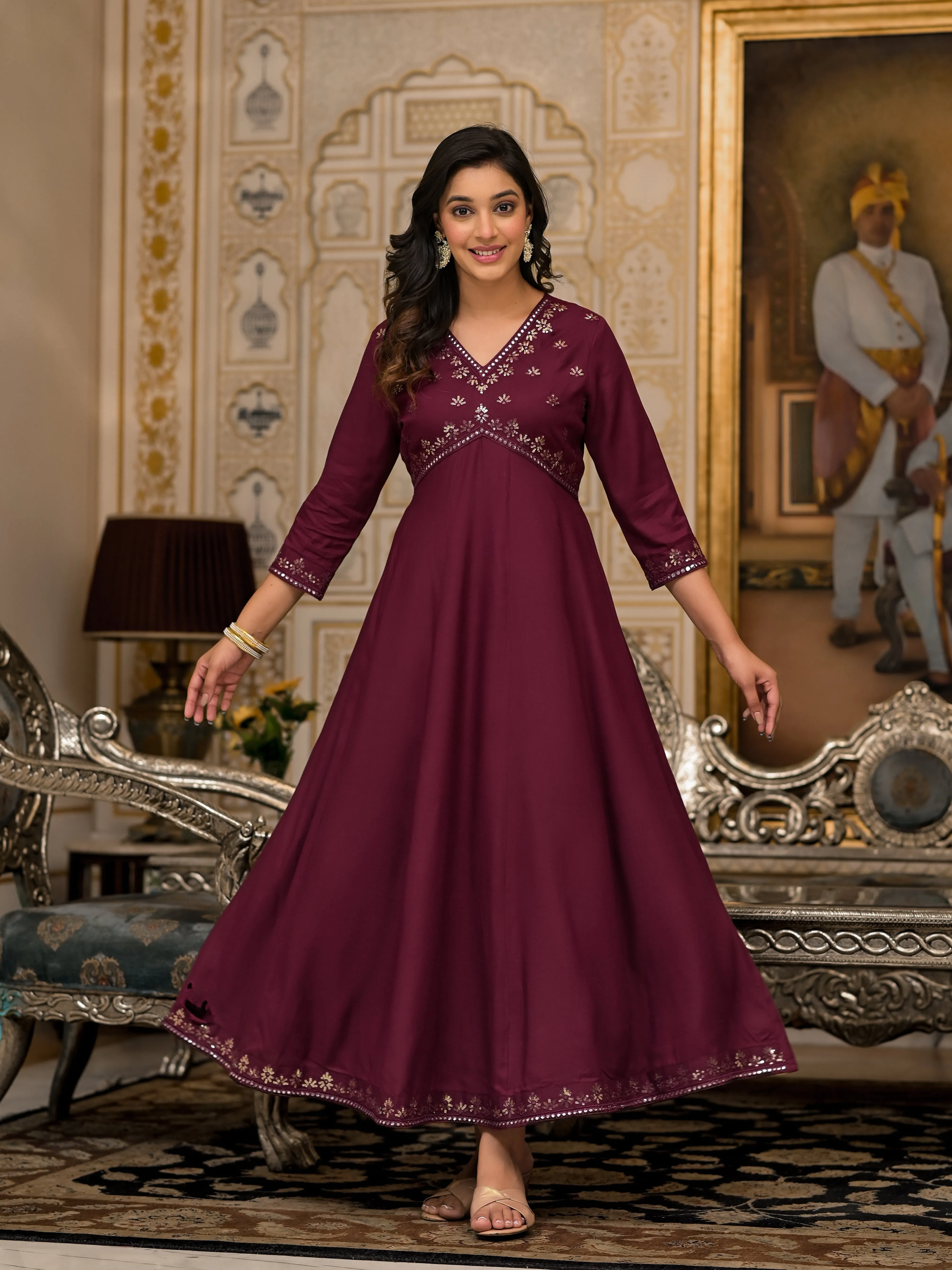 Jashvi Wine Mirror Embroidered Rayon Dress For Women With Sequins