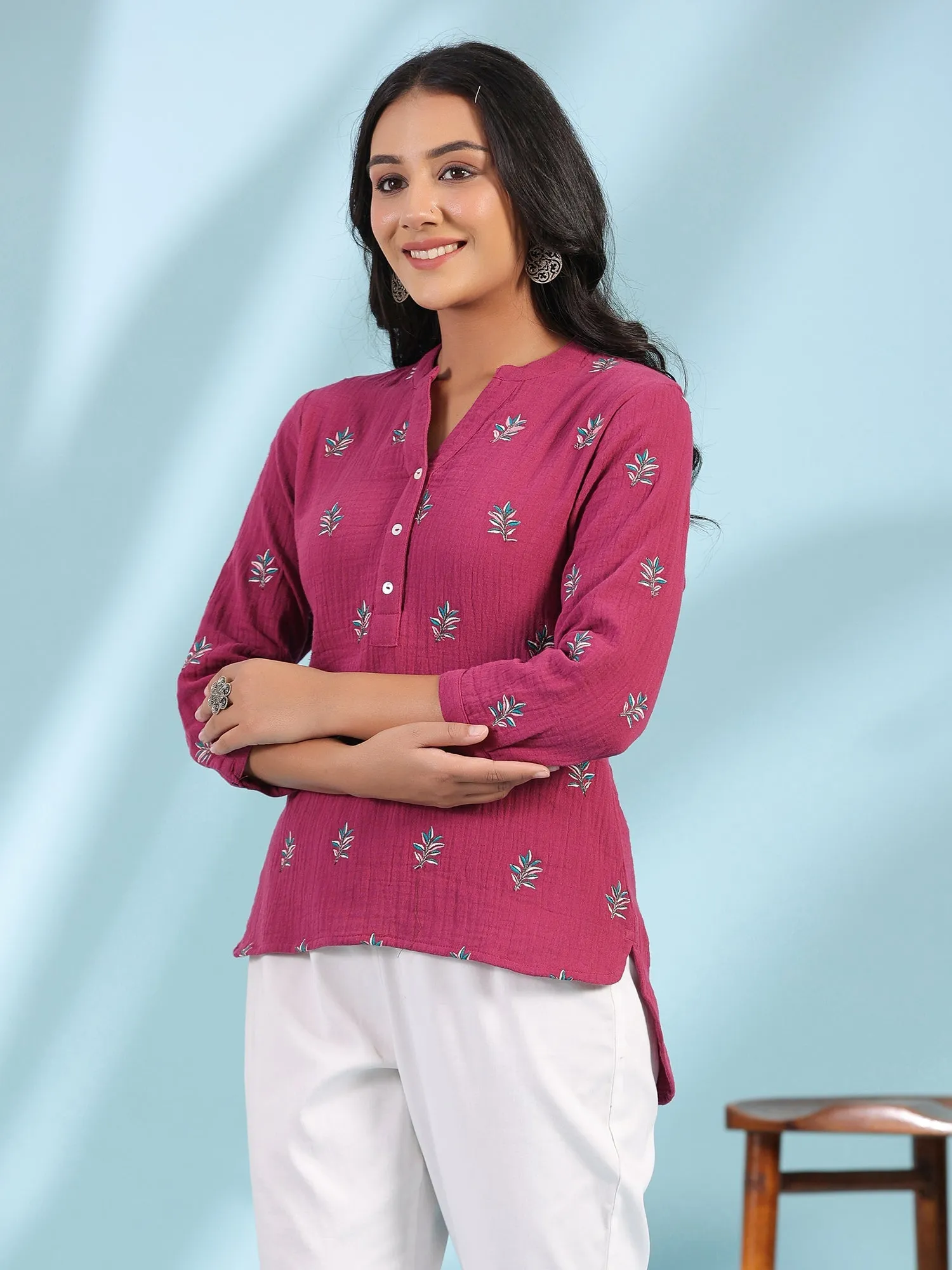 Jashvi Wine Women Floral Embroidered High-Low Cotton Tunic With Half Placket