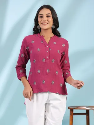 Jashvi Wine Women Floral Embroidered High-Low Cotton Tunic With Half Placket