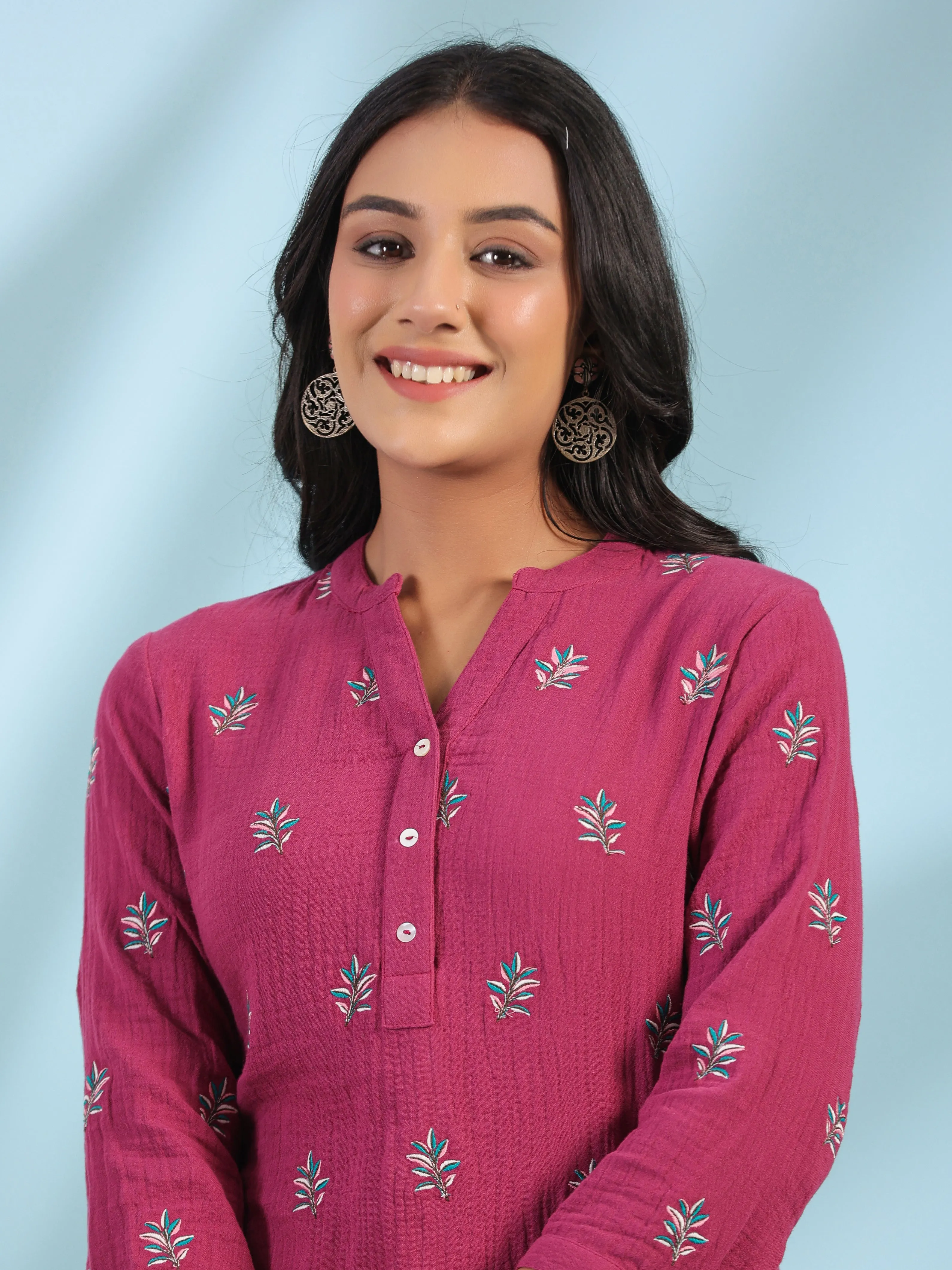 Jashvi Wine Women Floral Embroidered High-Low Cotton Tunic With Half Placket