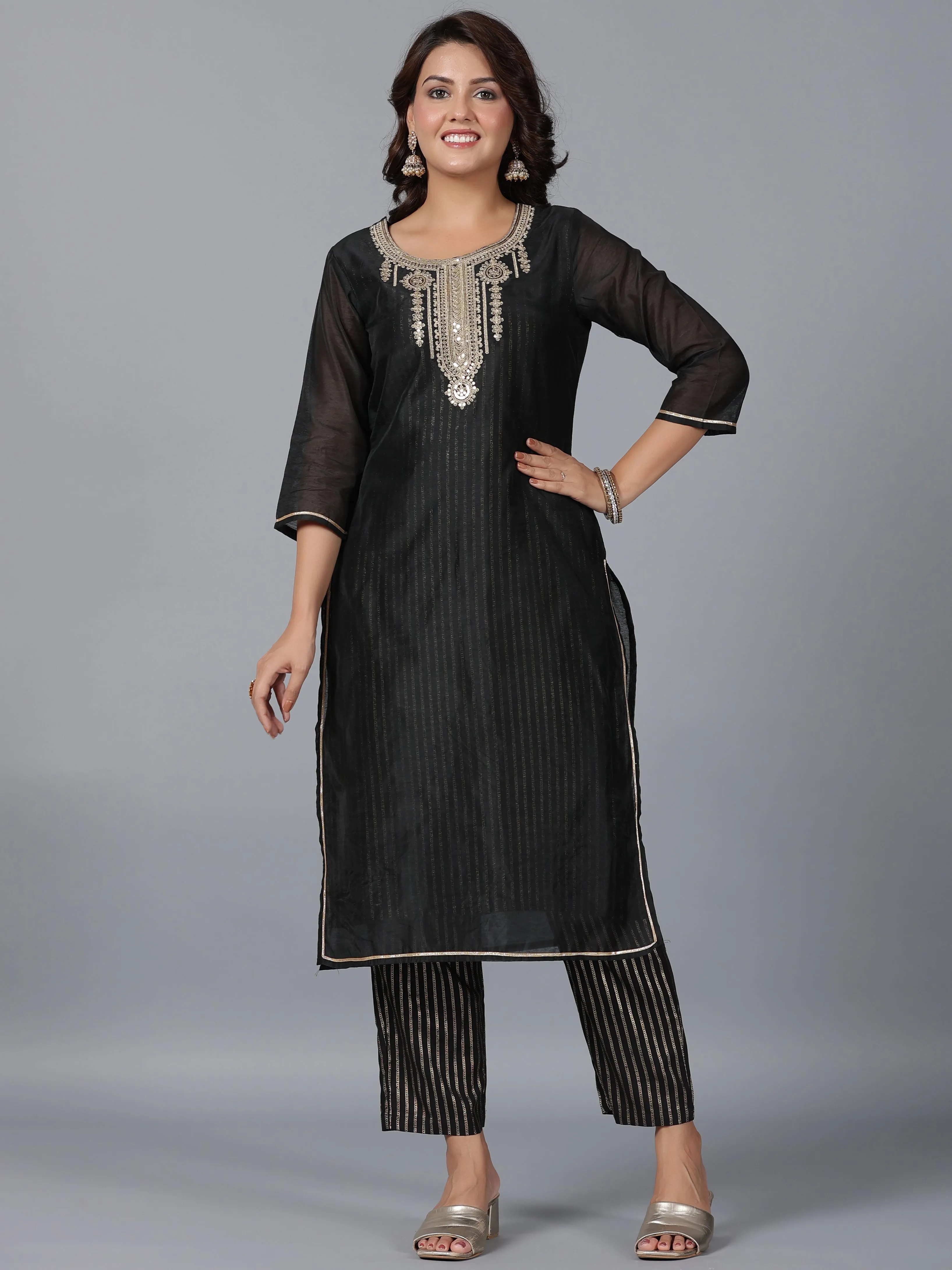 Jashvi Women Black Chanderi Printed with Embroidery Kurta, Pants & Dupatta Set