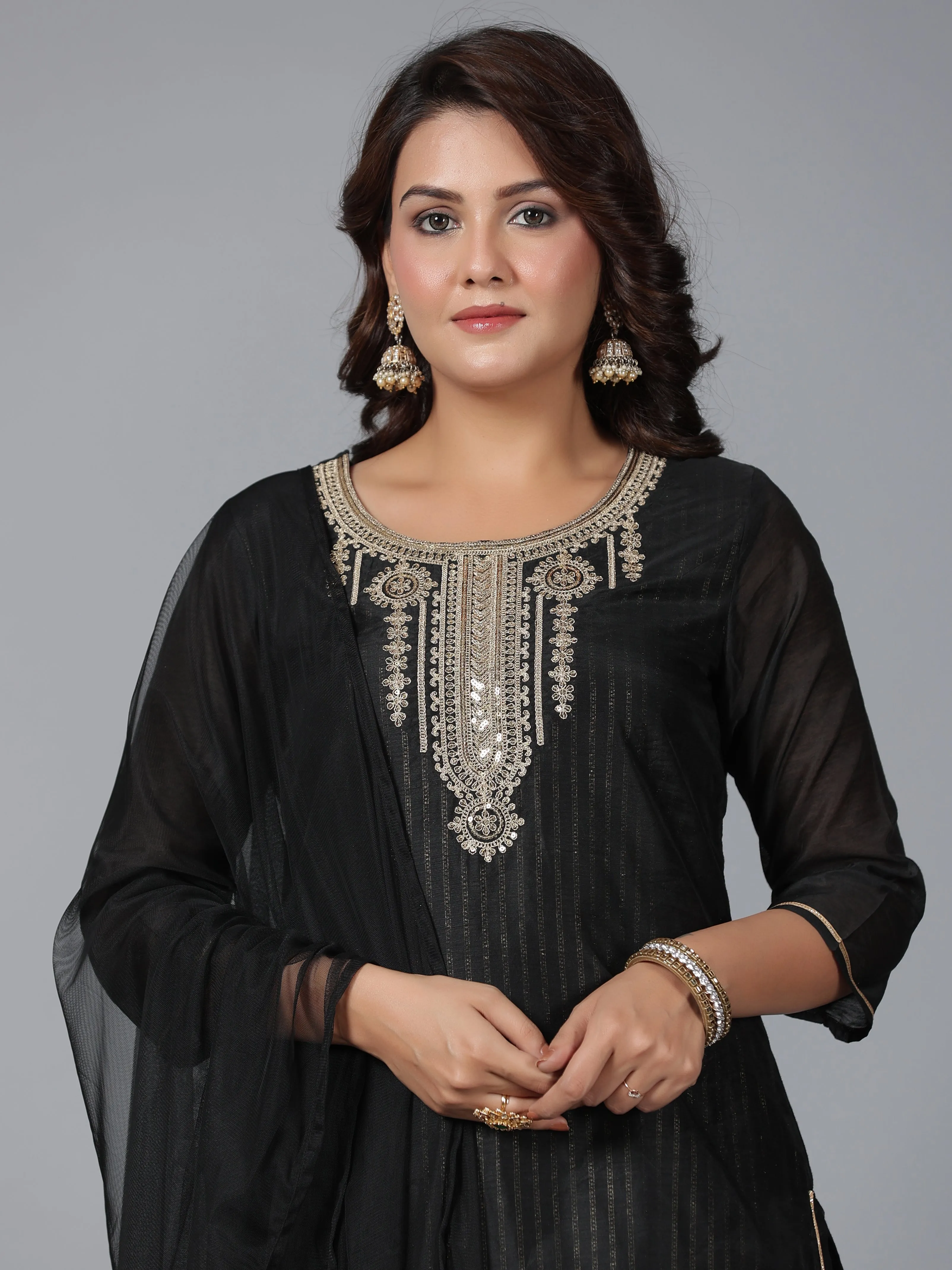 Jashvi Women Black Chanderi Printed with Embroidery Kurta, Pants & Dupatta Set