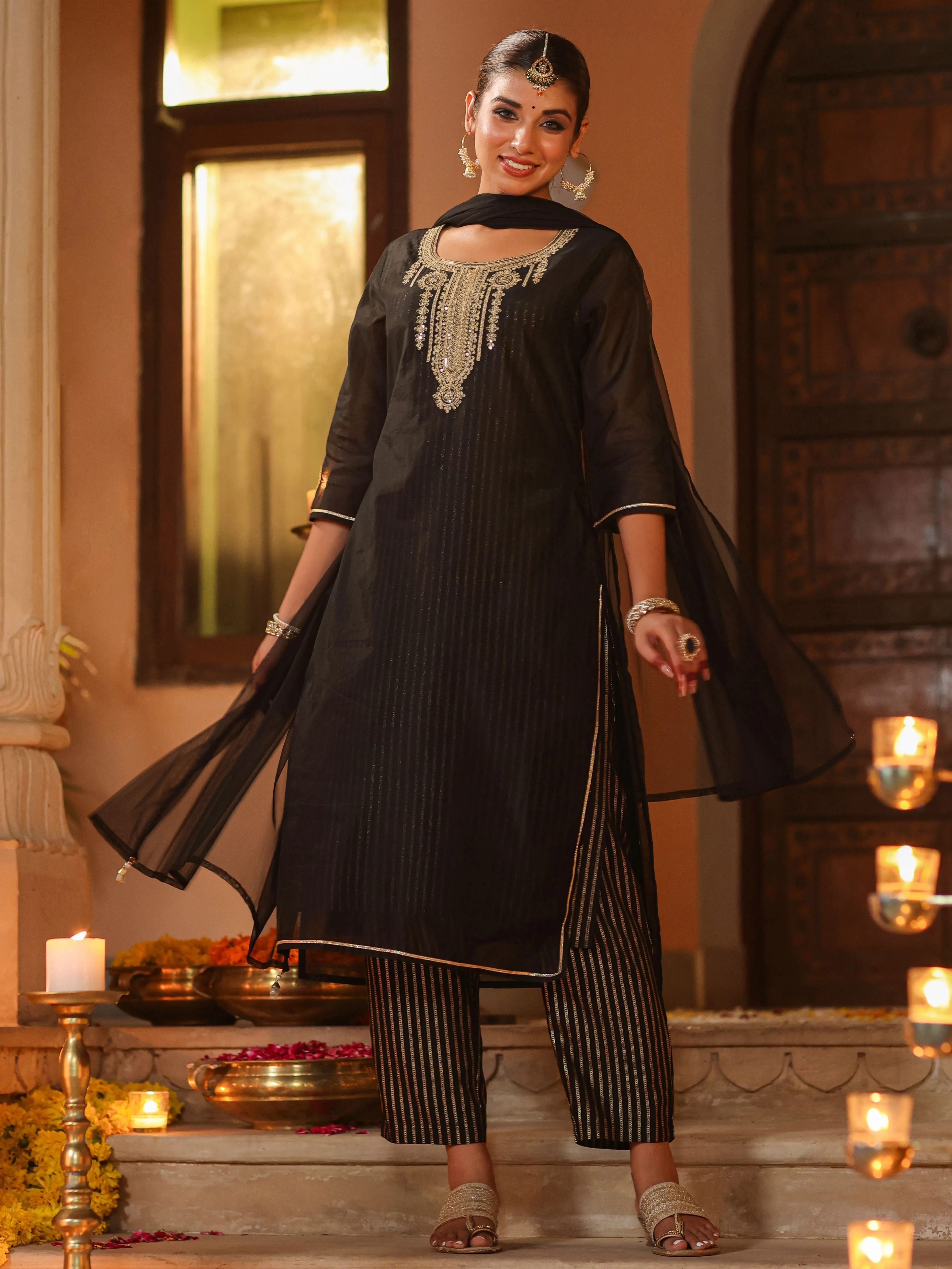 Jashvi Women Black Chanderi Printed with Embroidery Kurta, Pants & Dupatta Set