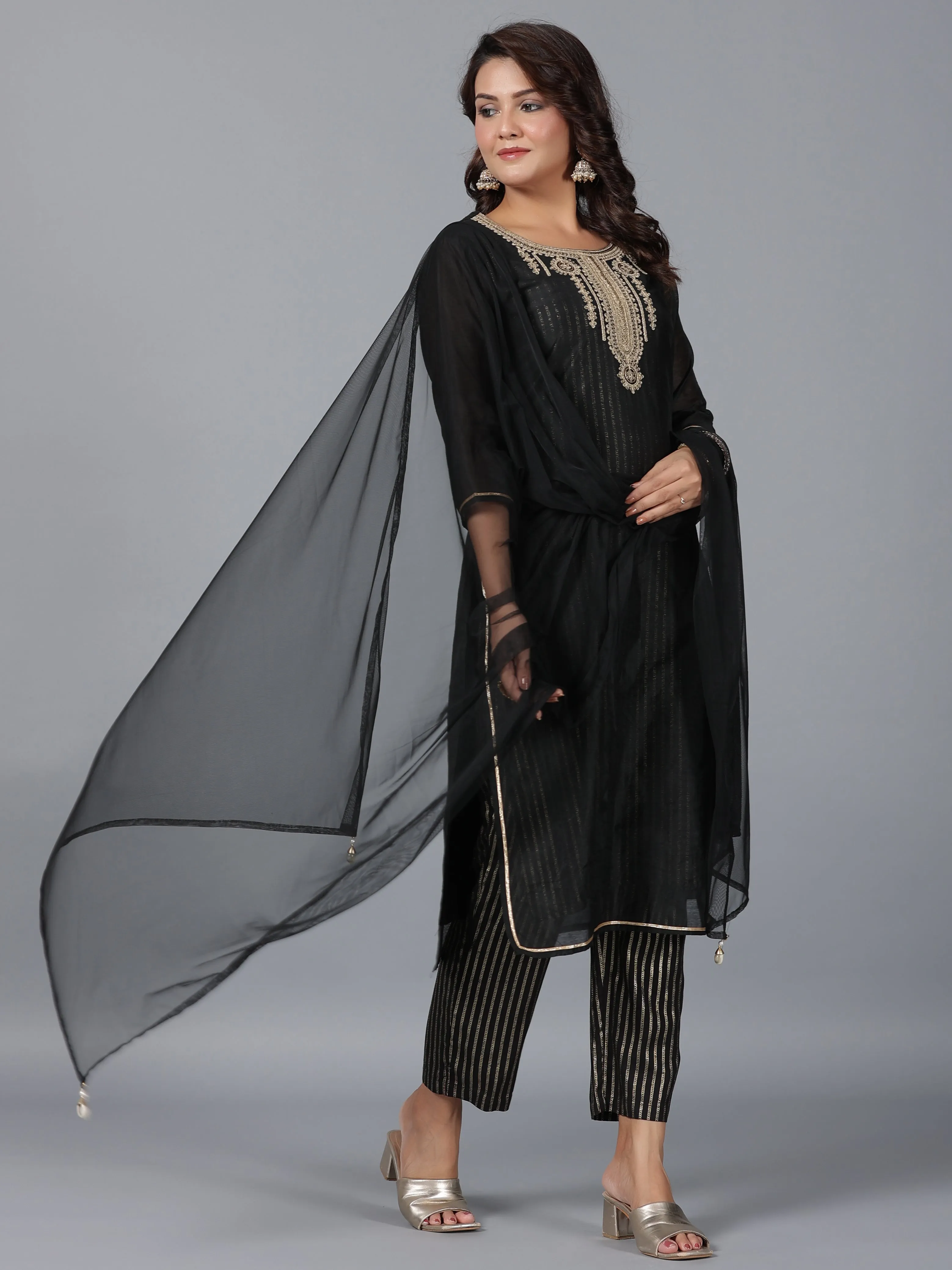 Jashvi Women Black Chanderi Printed with Embroidery Kurta, Pants & Dupatta Set