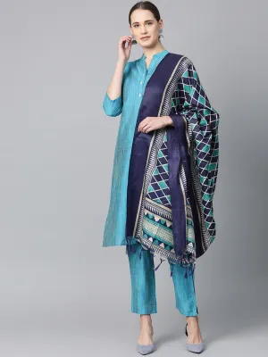 Jashvi Women Blue & Green Self-Striped Kurta with Trousers & Dupatta