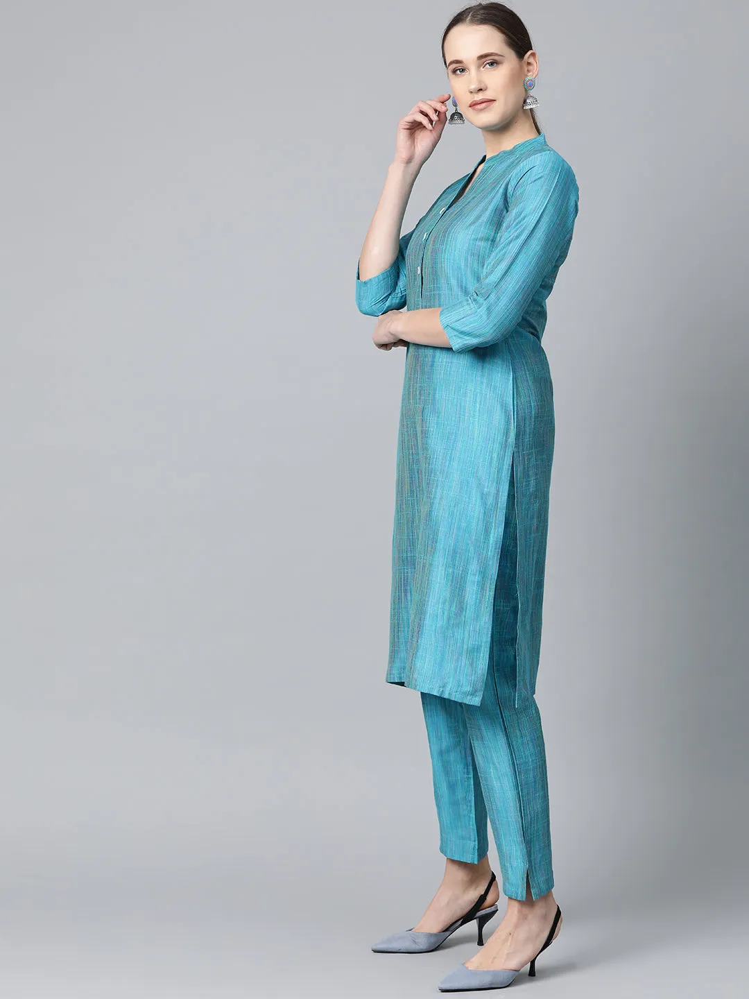 Jashvi Women Blue & Green Self-Striped Kurta with Trousers & Dupatta