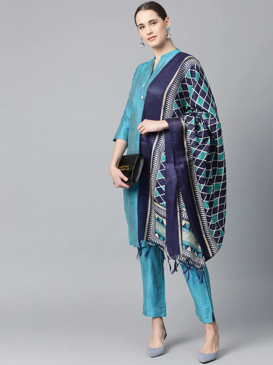 Jashvi Women Blue & Green Self-Striped Kurta with Trousers & Dupatta