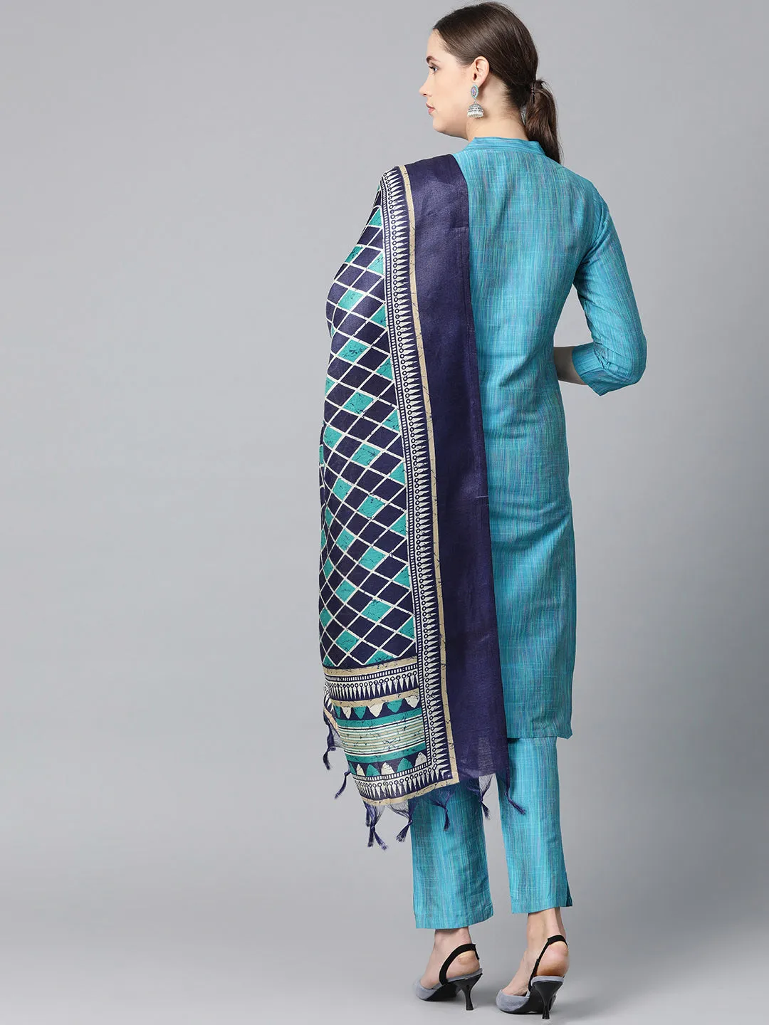 Jashvi Women Blue & Green Self-Striped Kurta with Trousers & Dupatta