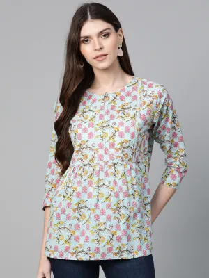 Jashvi Women Blue & Pink Floral Print A-Line Pure Cotton Top