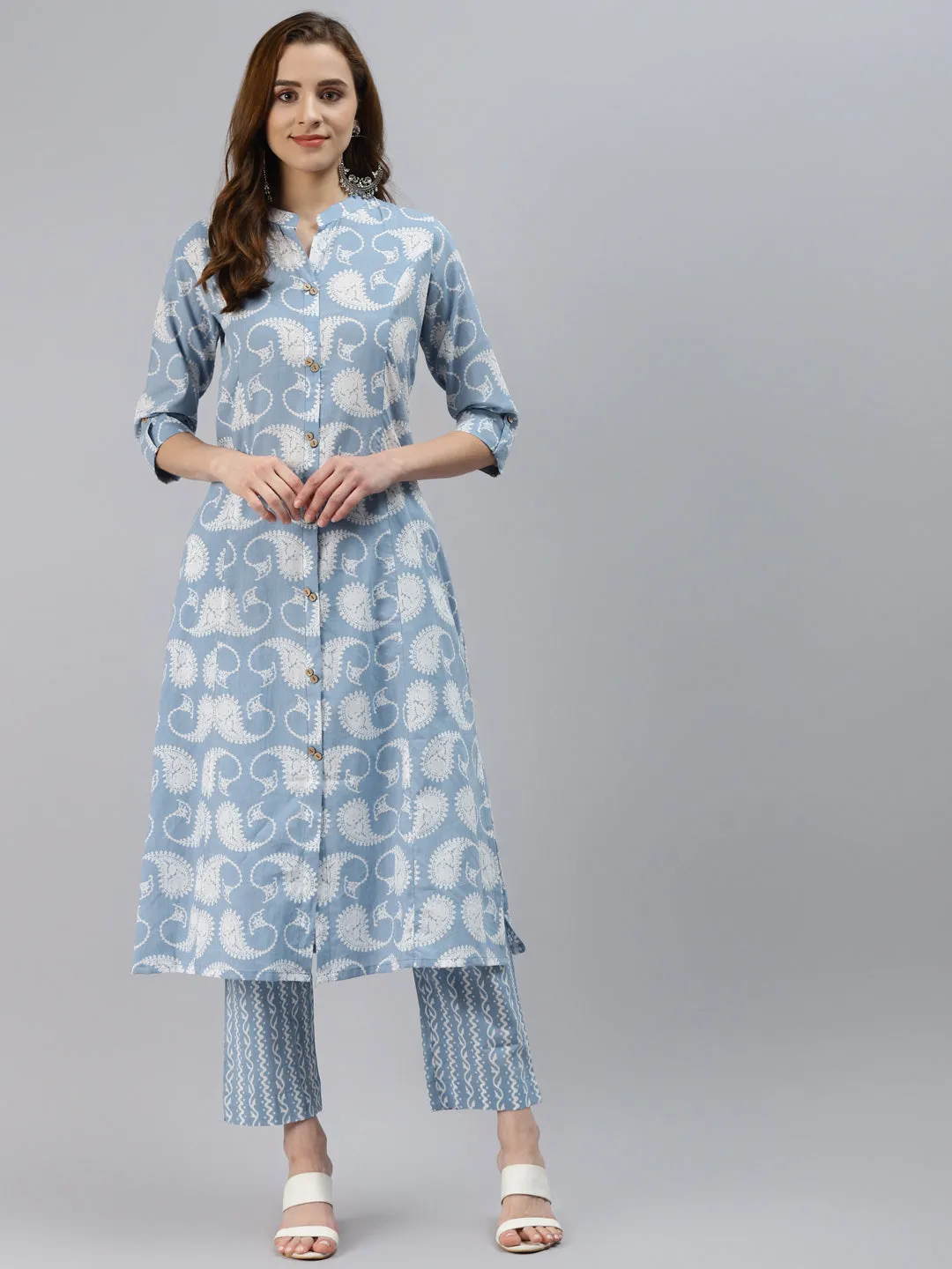 Jashvi Women Blue Ethnic Motifs Printed Regular Pure Cotton Kurta with Striped Palazzos