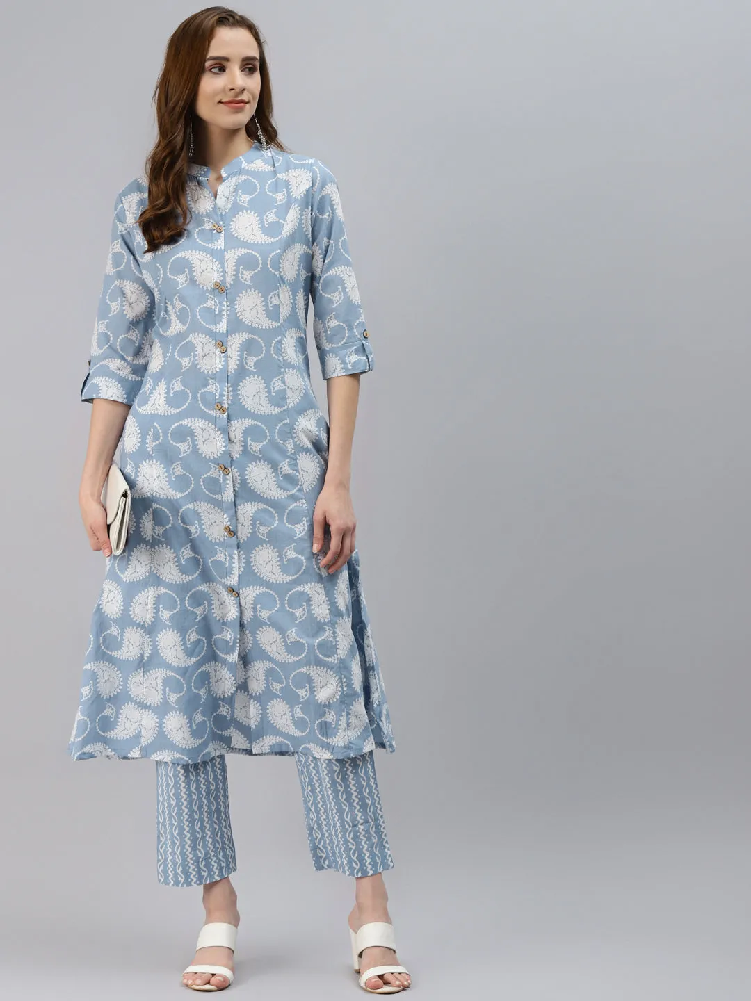 Jashvi Women Blue Ethnic Motifs Printed Regular Pure Cotton Kurta with Striped Palazzos