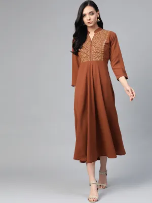 Jashvi Women Brown Embroidered Yoke Design A-Line Kurta