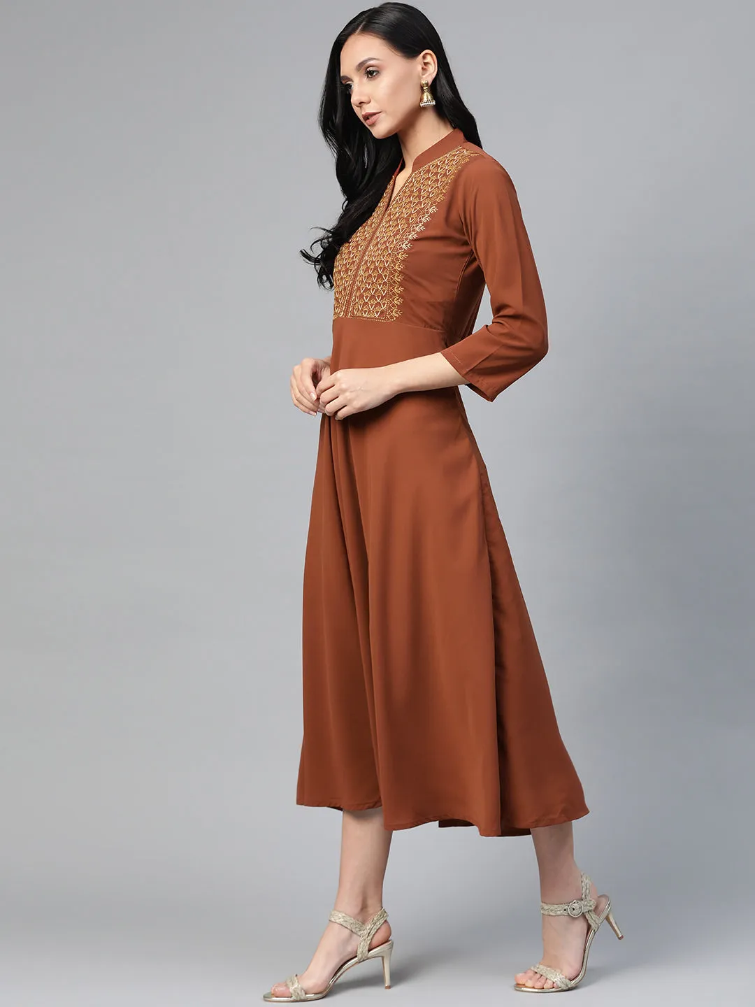 Jashvi Women Brown Embroidered Yoke Design A-Line Kurta