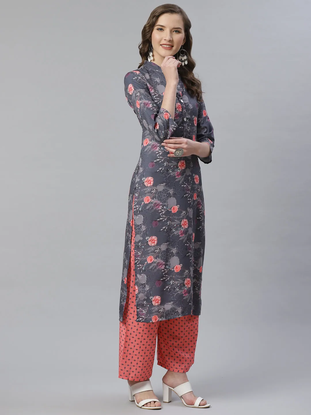 Jashvi Women Charcoal Grey & Pink Floral Printed Kurta with Palazzos