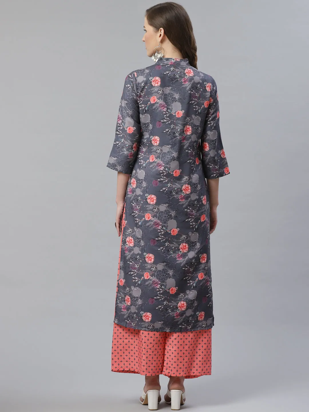 Jashvi Women Charcoal Grey & Pink Floral Printed Kurta with Palazzos