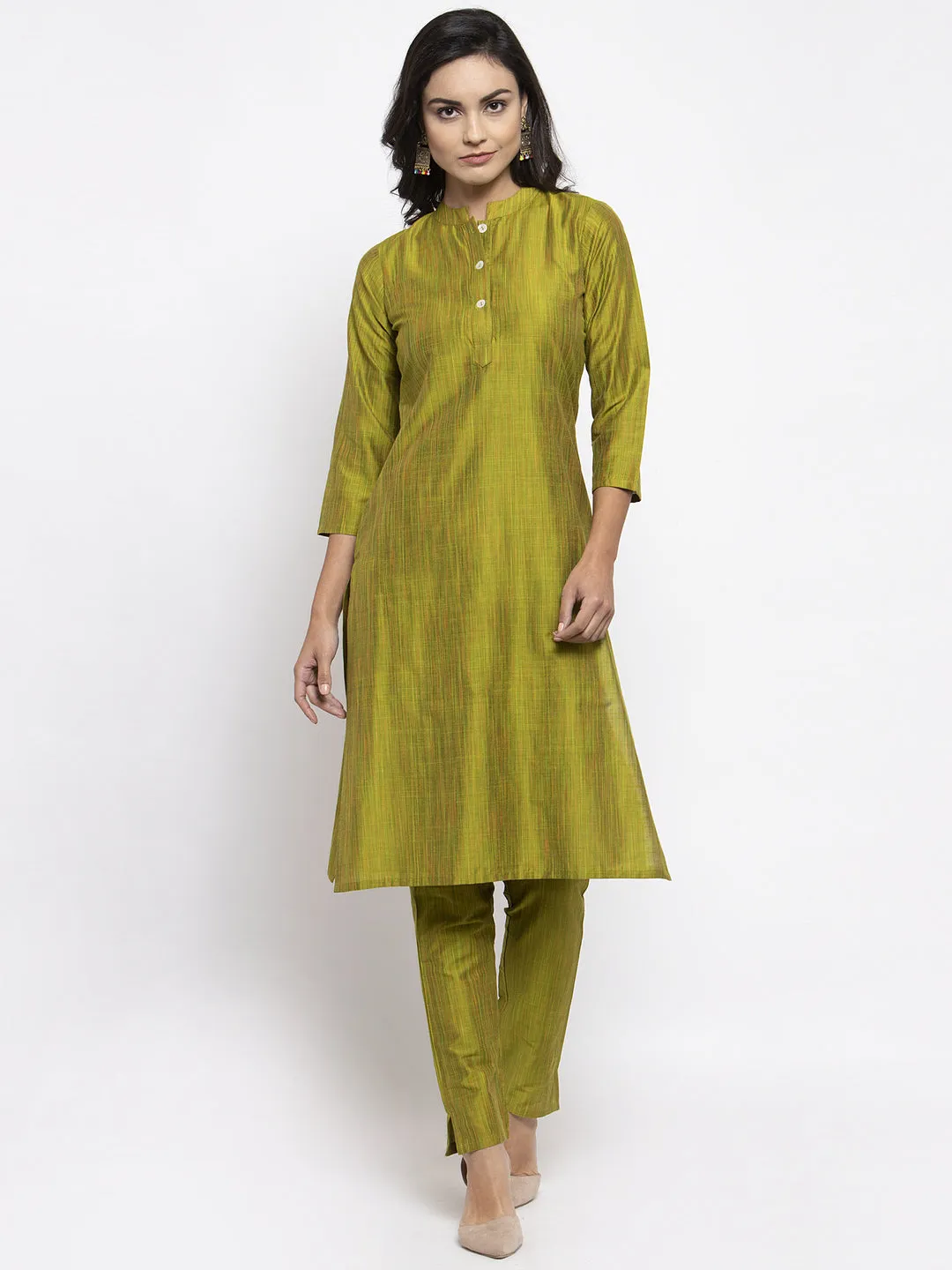 Jashvi Women Green Self-Striped Kurta with Trousers & Art Silk Dupatta