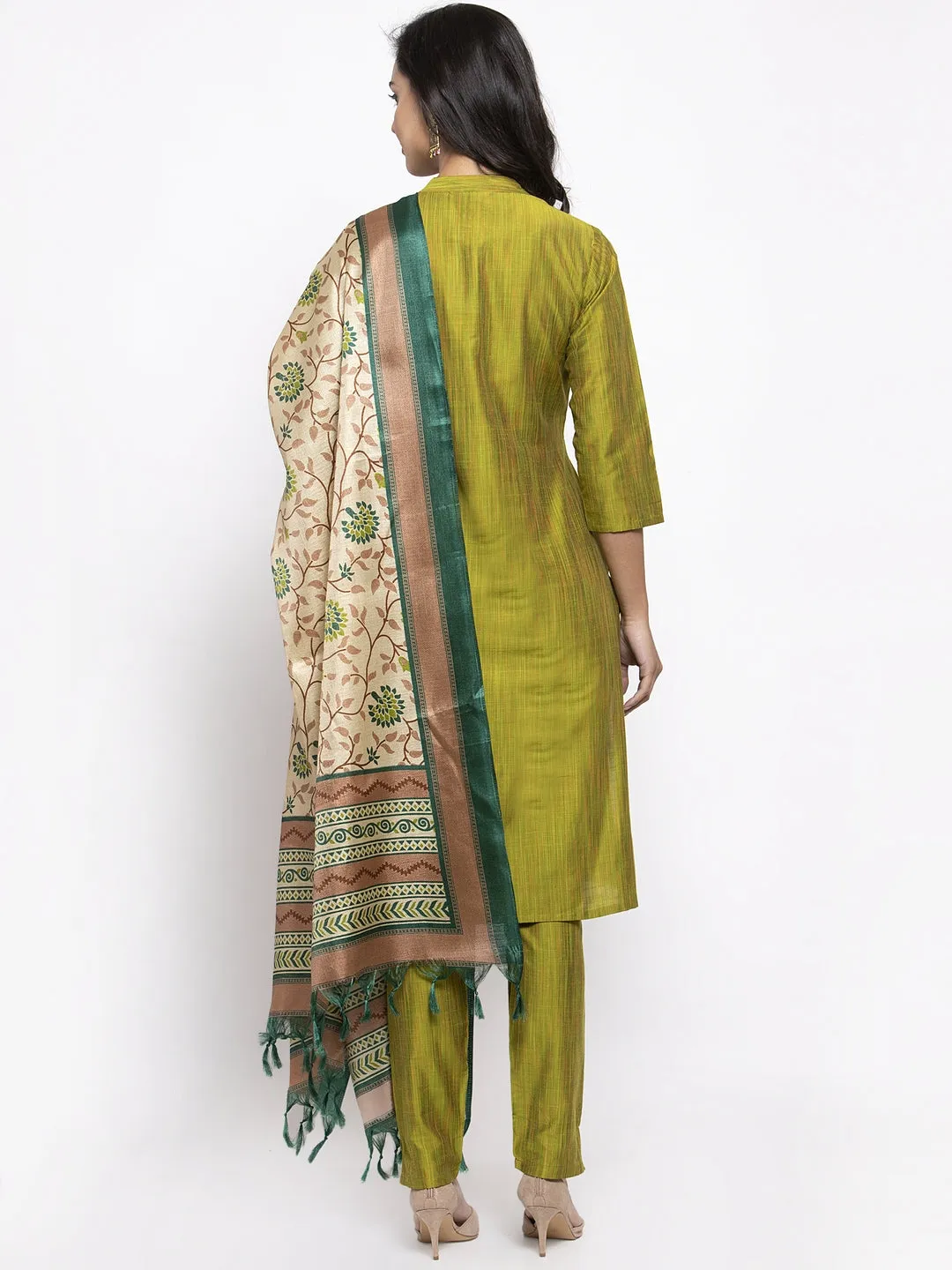 Jashvi Women Green Self-Striped Kurta with Trousers & Art Silk Dupatta