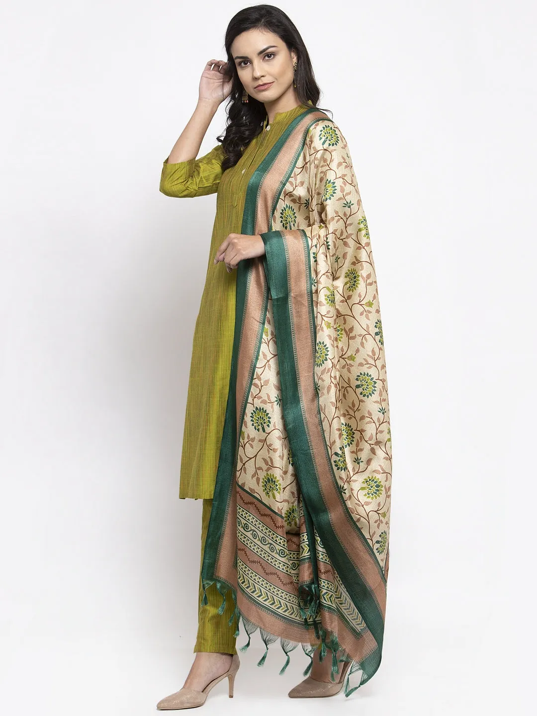 Jashvi Women Green Self-Striped Kurta with Trousers & Art Silk Dupatta