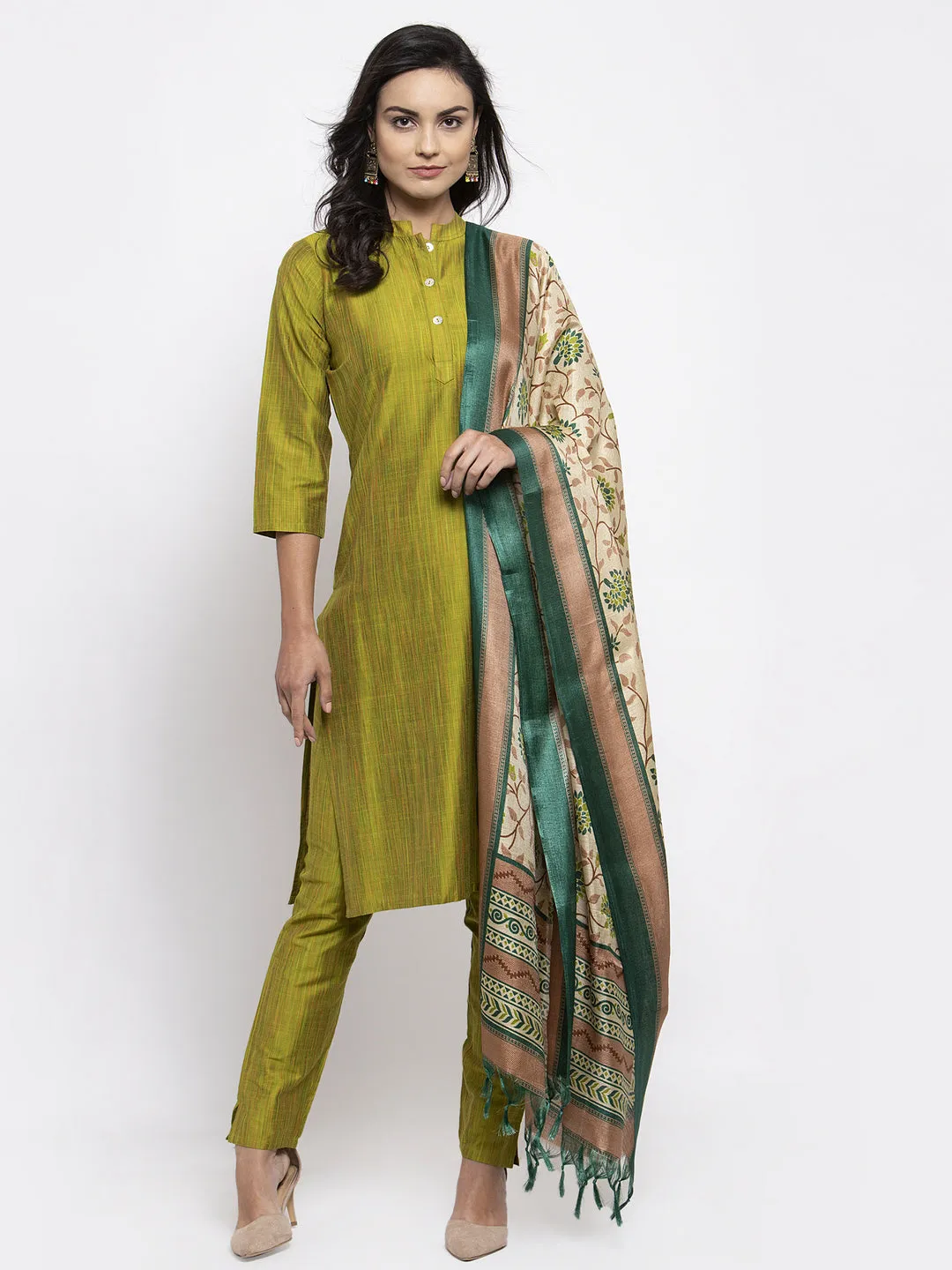 Jashvi Women Green Self-Striped Kurta with Trousers & Art Silk Dupatta