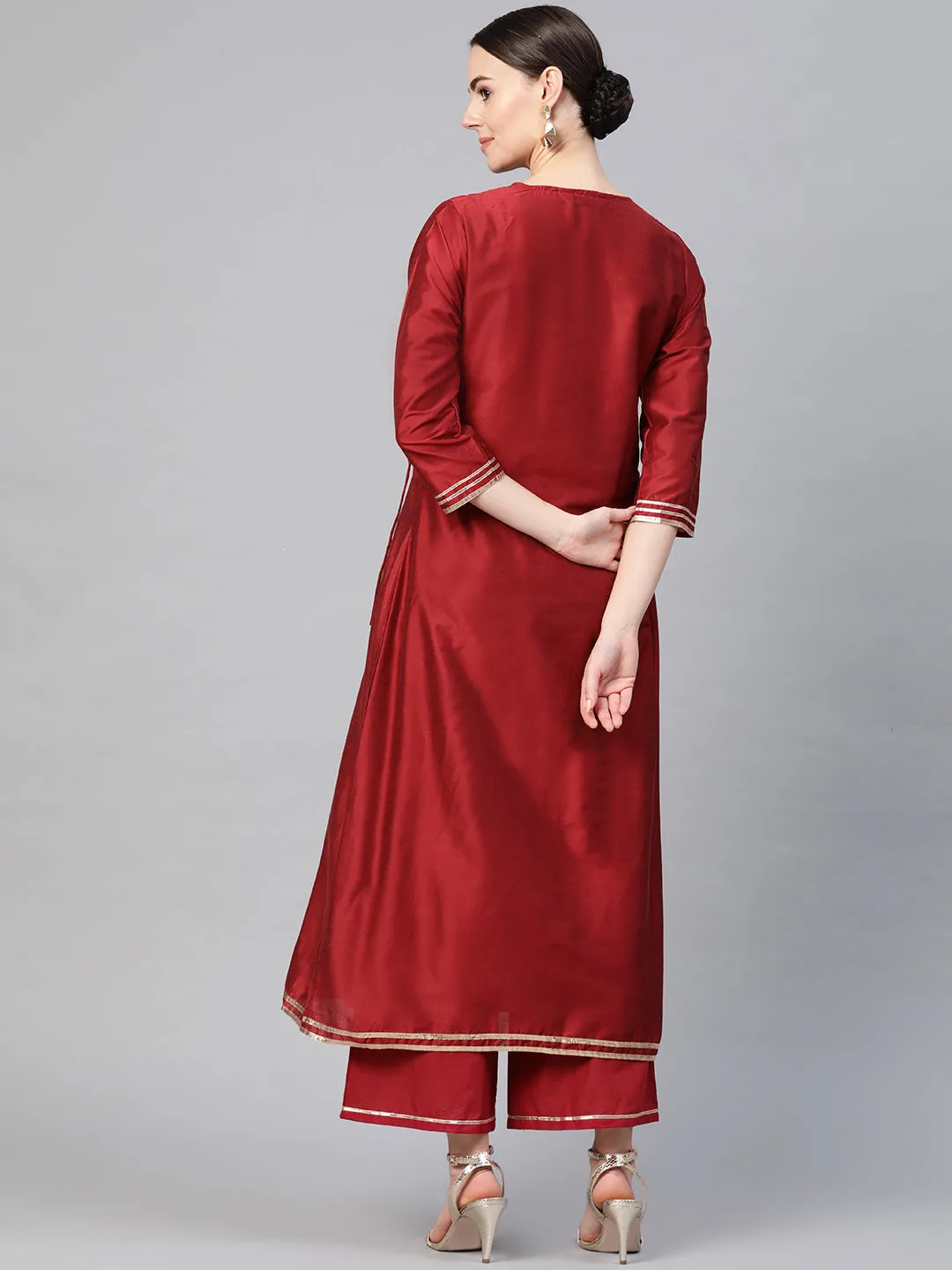 Jashvi Women Maroon Solid Angrakha Kurta with Palazzos